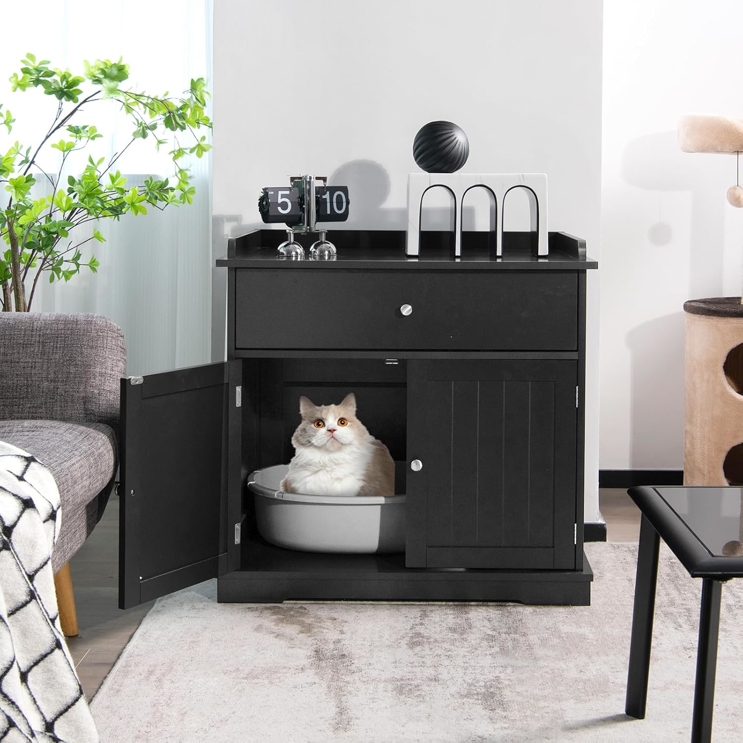 Cat Litter Box Enclosure With Storage, Modern Cat House Cabinet With Drawer