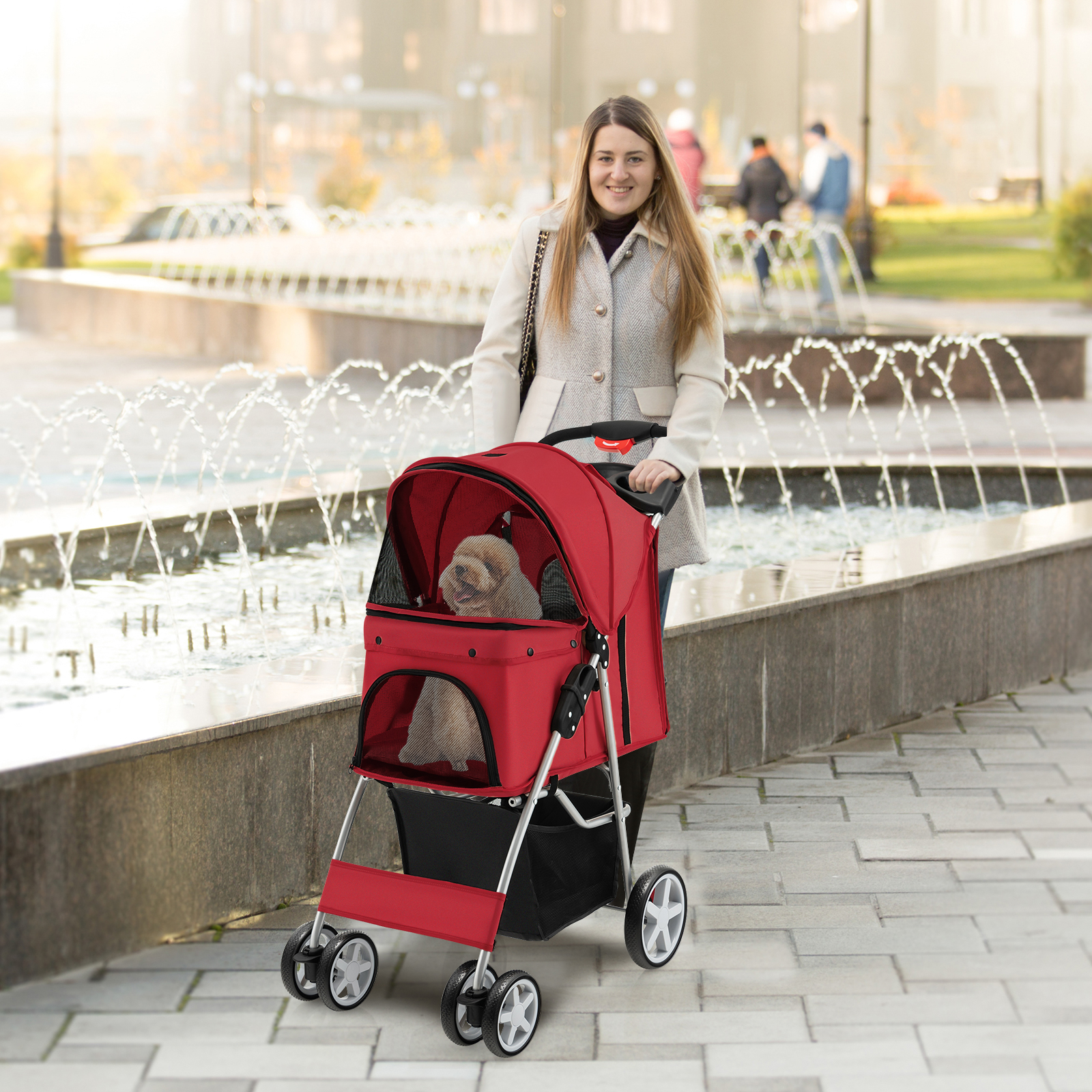 4 Wheel Pet Stroller, Adjustable Canopy, Portable Traveling Animal Gear Carriage For Small Medium Pets
