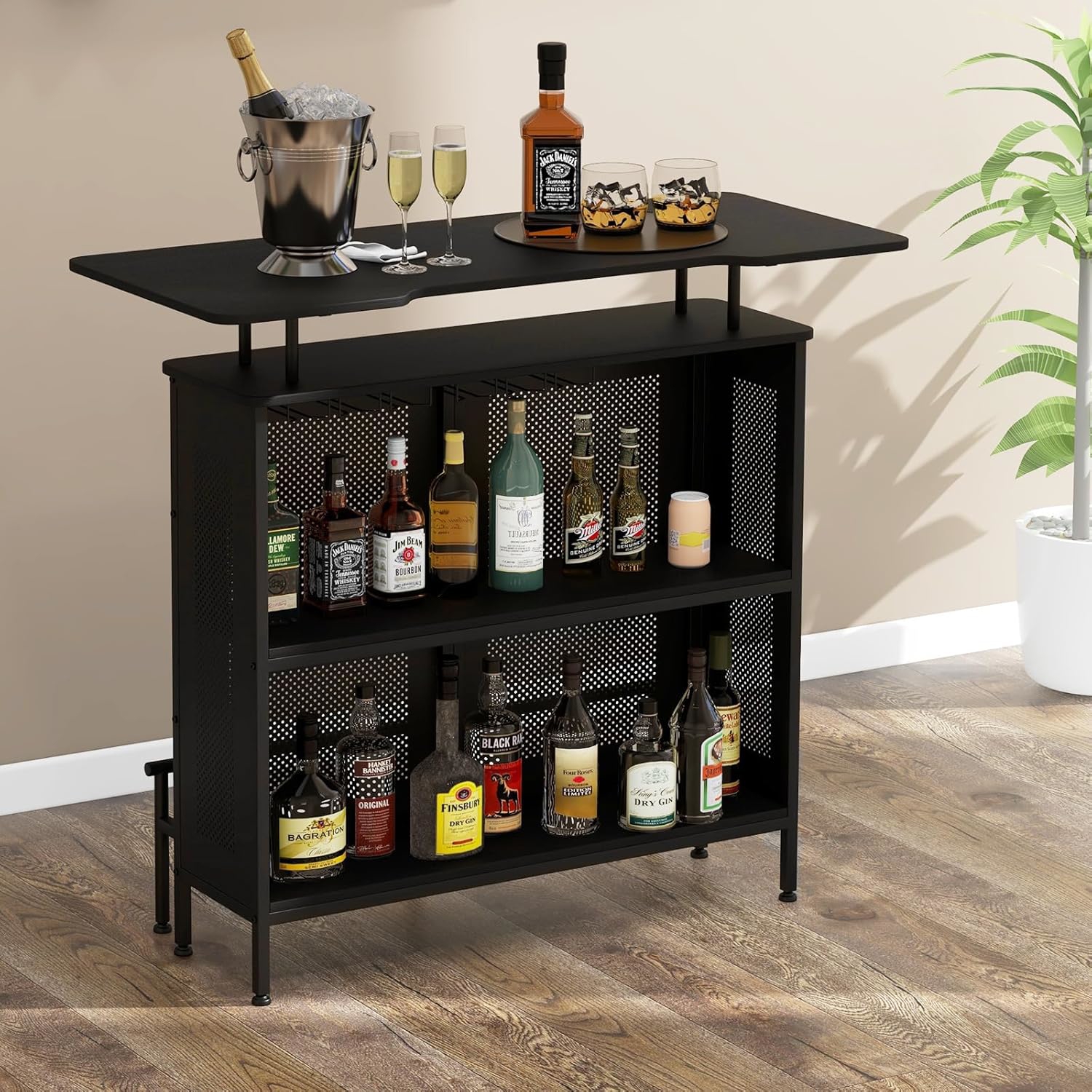 4 Tier Home Bar Unit, Home Bar Cabinet With 2 Wine Storage Shelves And 6 Stemware Holders, Metal Front And Footrest