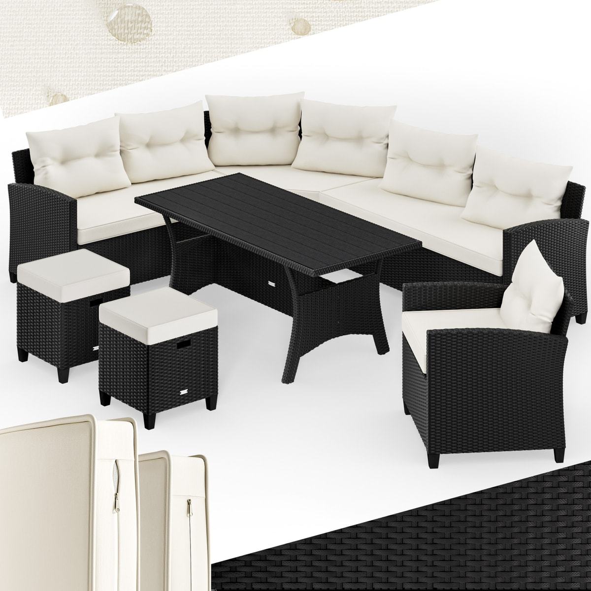Image of Casaria® Poly Rattan Corner Lounge Set With Wpc Dining Table, Corner Sofa, 2 Stools, And Weatherproof Outdoor Lounge Cushions For Garden, Terrace, And Balcony Furniture