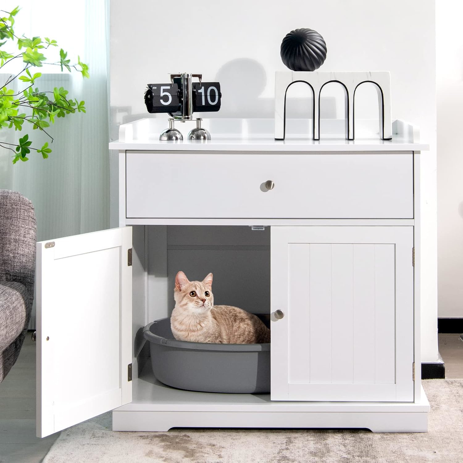 Image of Cat Litter Box Enclosure, Hidden Cat Washroom Furniture, Cat House Side Table, Indoor Cat House Storage Cabinet