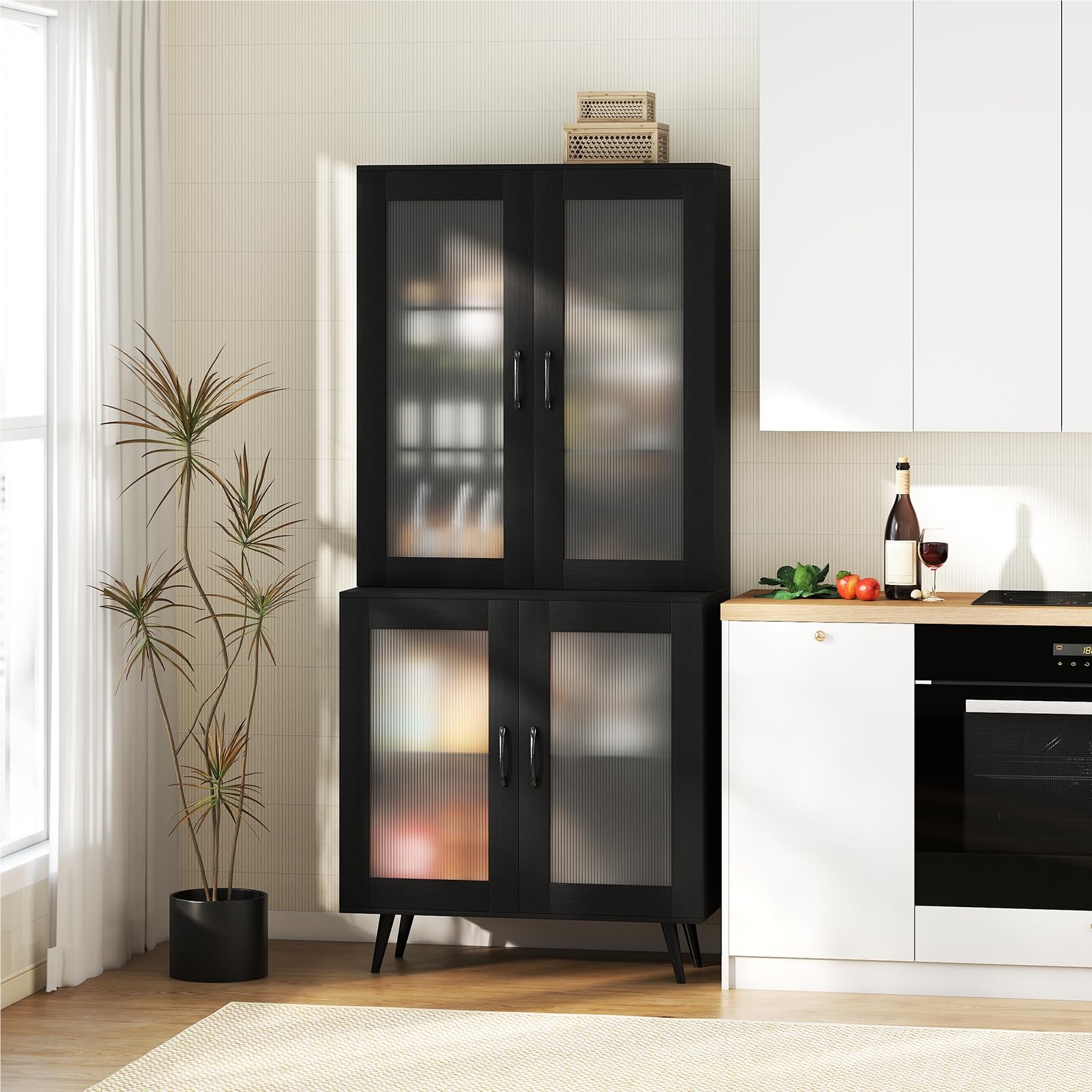 Image of Kitchen Cabinet Tall, 178.5 Cm, Kitchen Shelf With 4 Transparent Doors & Adjustable Shelf, Buffet Cabinet Floor Cabinet Tall Cabinet, For Kitchen Dining Room Living Room, Wood And Metal (black)