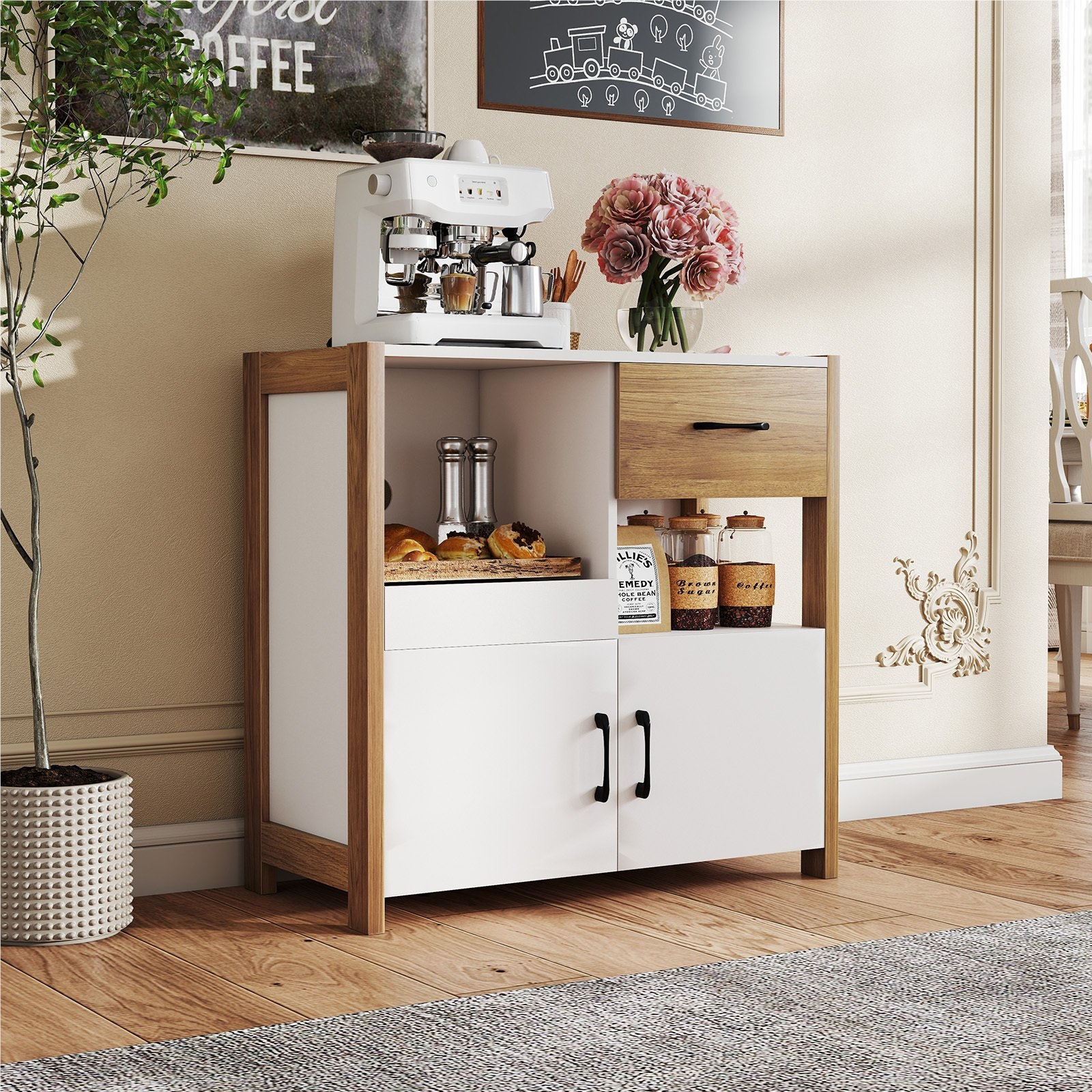 Kitchen Cabinet, Coffee Bar Cabinet With Drawer, Pull-out Shelf And 2 Doors, Buffet Sideboard For Dining Room And Living Room