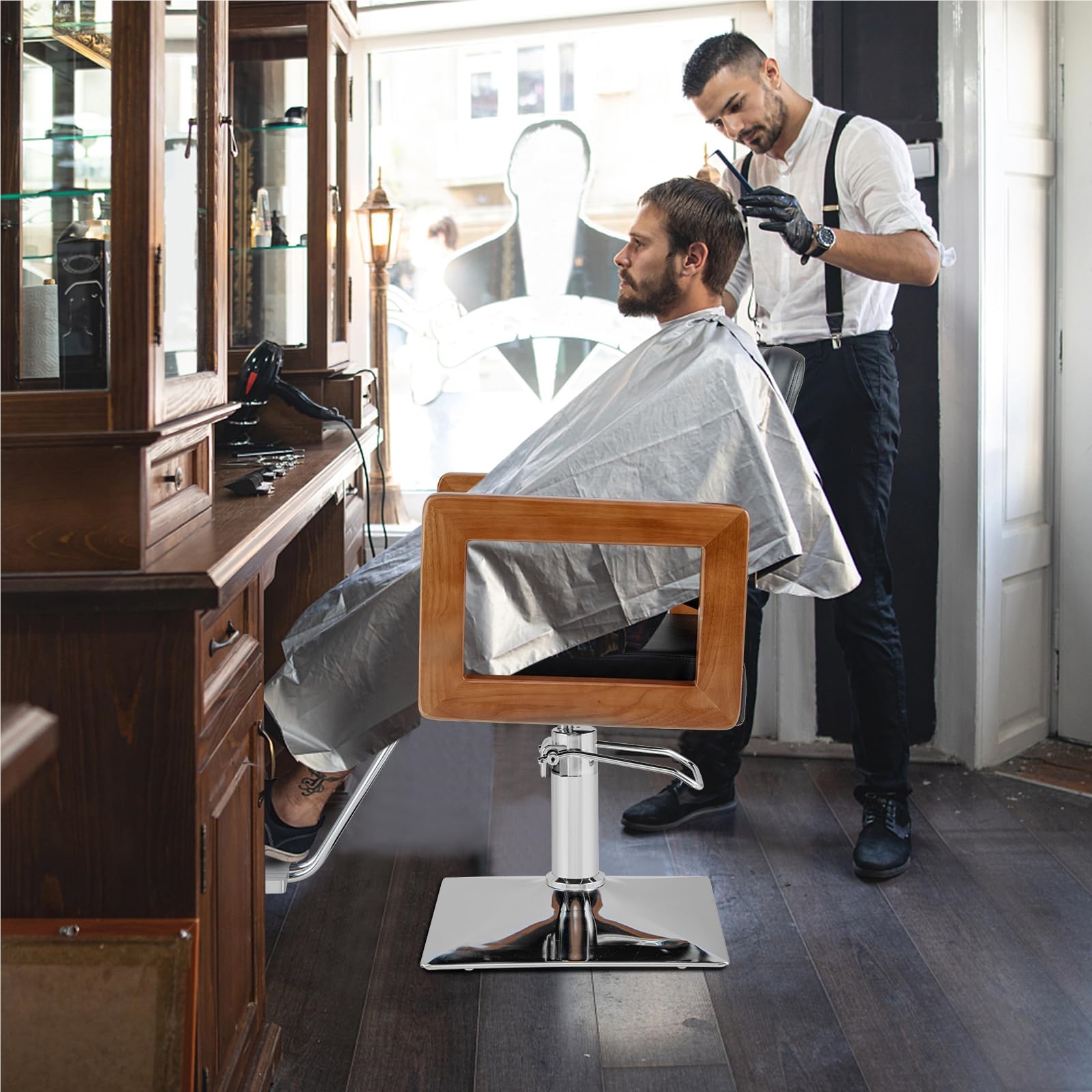 Image of Hairdressing Chair, Height Adjustable Barber Chair, Supports Up To 150 Kg, Salon Chair With , Hydraulic Pump, Spa Hairdressing Chair With Wooden Armrests