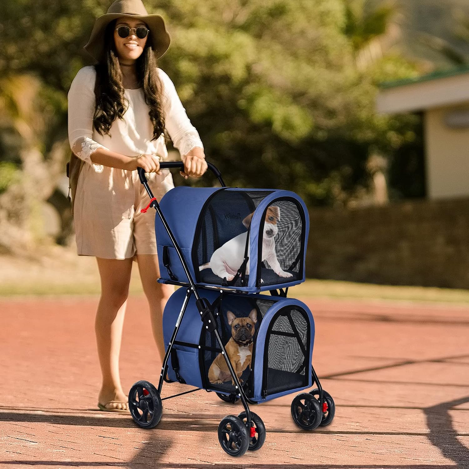 Folding Dog Carriage, Dog Buggy With 2 Removable Pockets For Pets, Oxford Fabric, Metal Frame