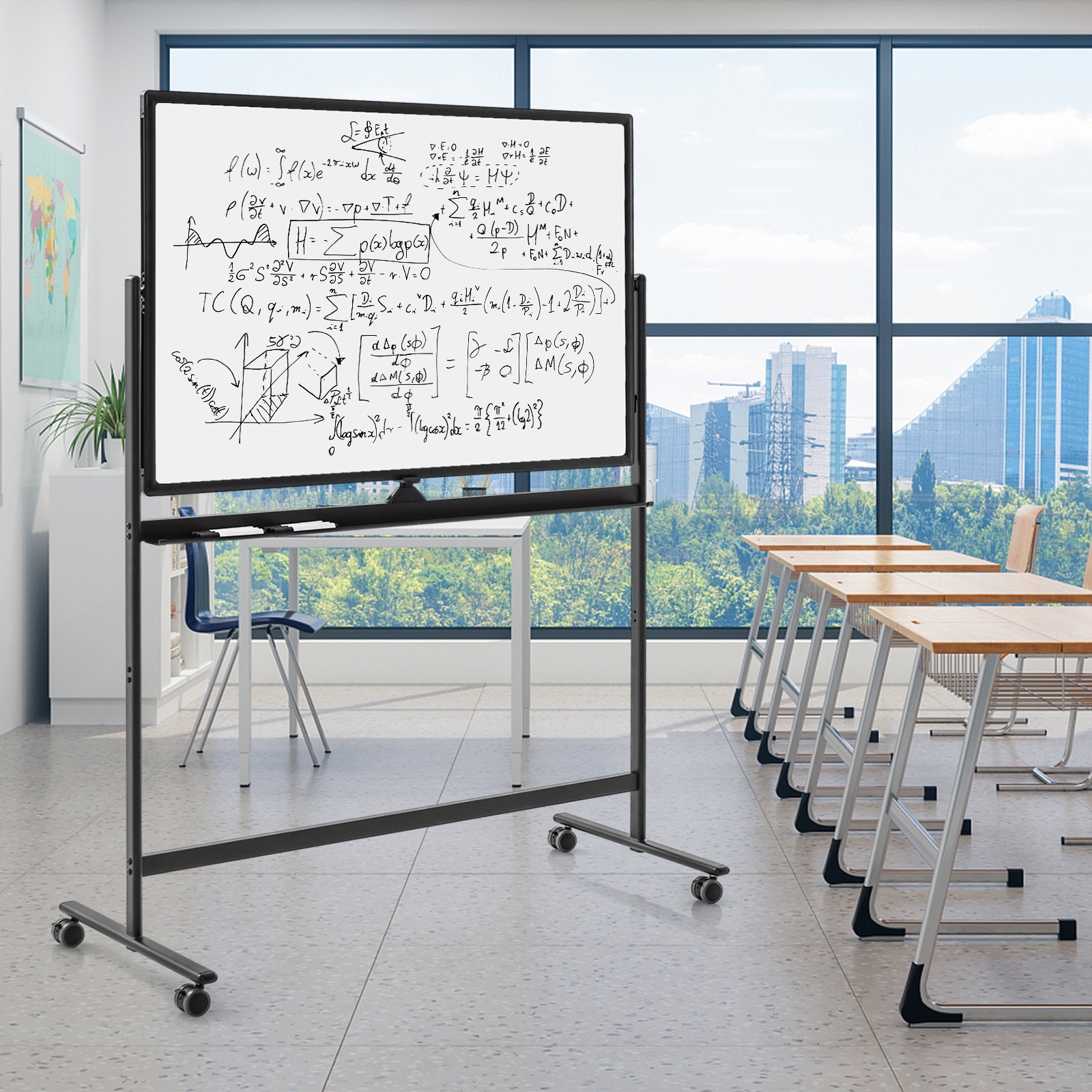 Board, 48 X 32 Inch Double-sided Rolling Dry Erase Board With Black Markers, Board Eraser, Magnets