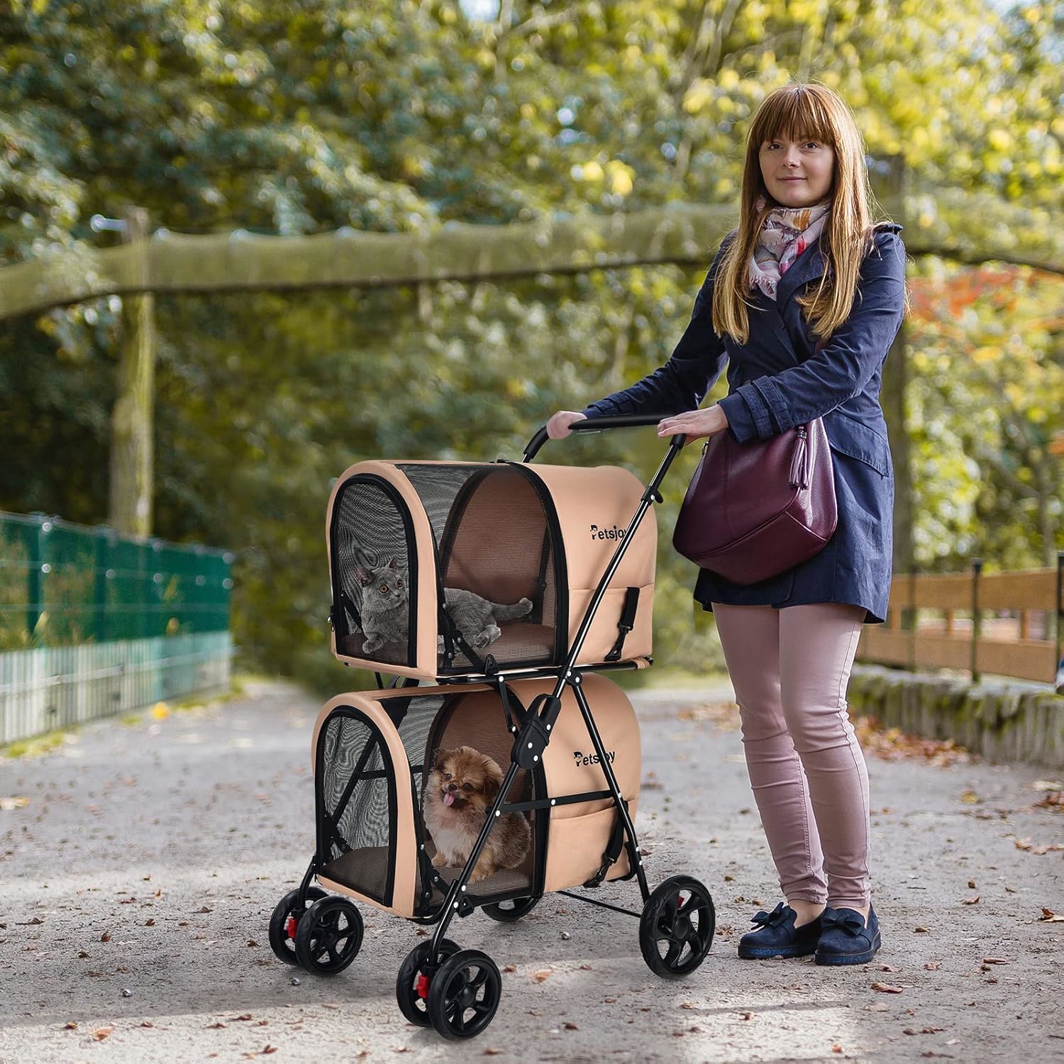 Folding Dog Carriage, Dog Buggy With 2 Removable Pockets For Pets, Oxford Fabric, Metal Frame