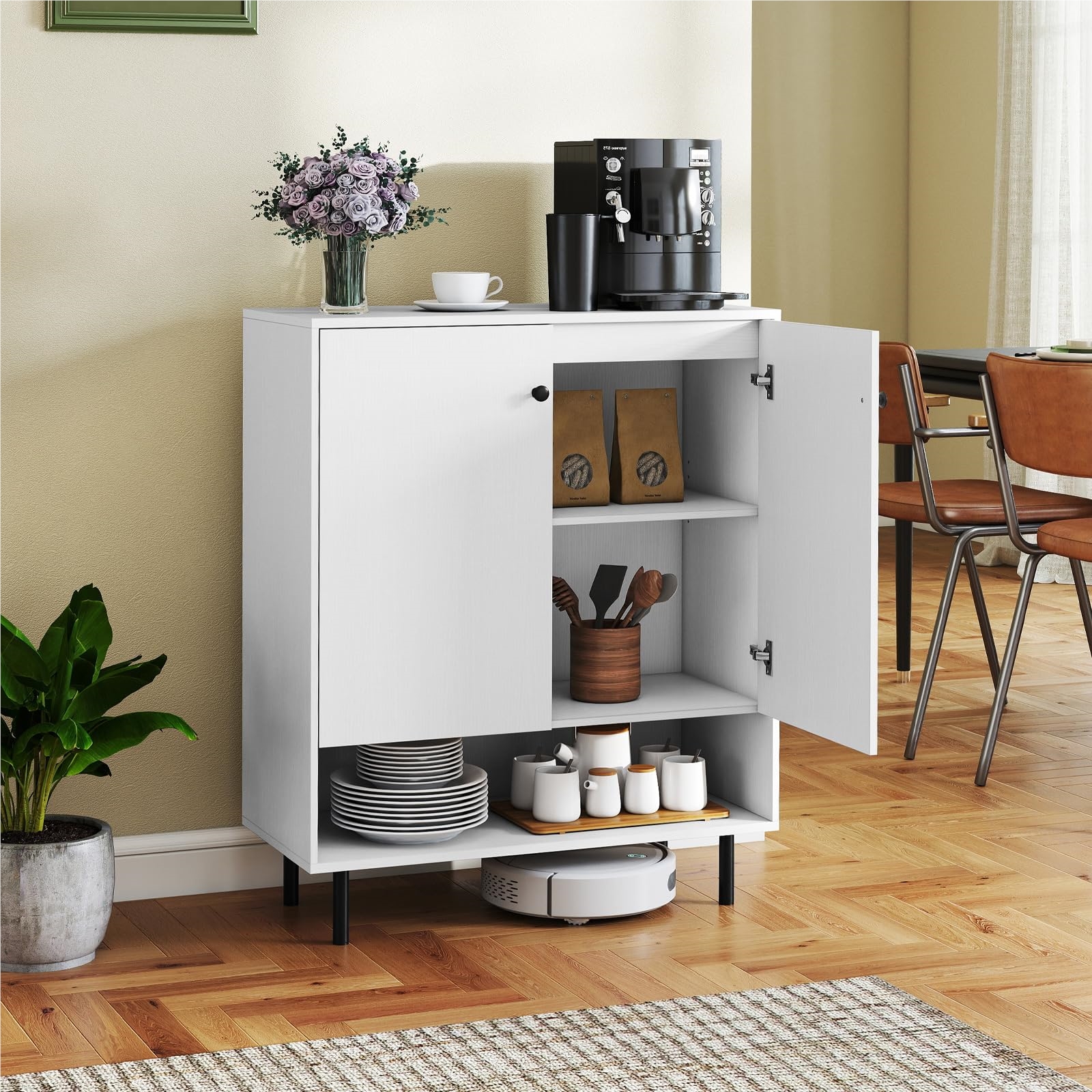 Wooden Sideboard, Dresser With Adjustable Shelves & 2 Doors, Buffet Cabinet Kitchen Cabinet, Storage Cabinet For Dining Room Living Room Kitchen, Modern, 75 X 35 X 95 Cm (white)