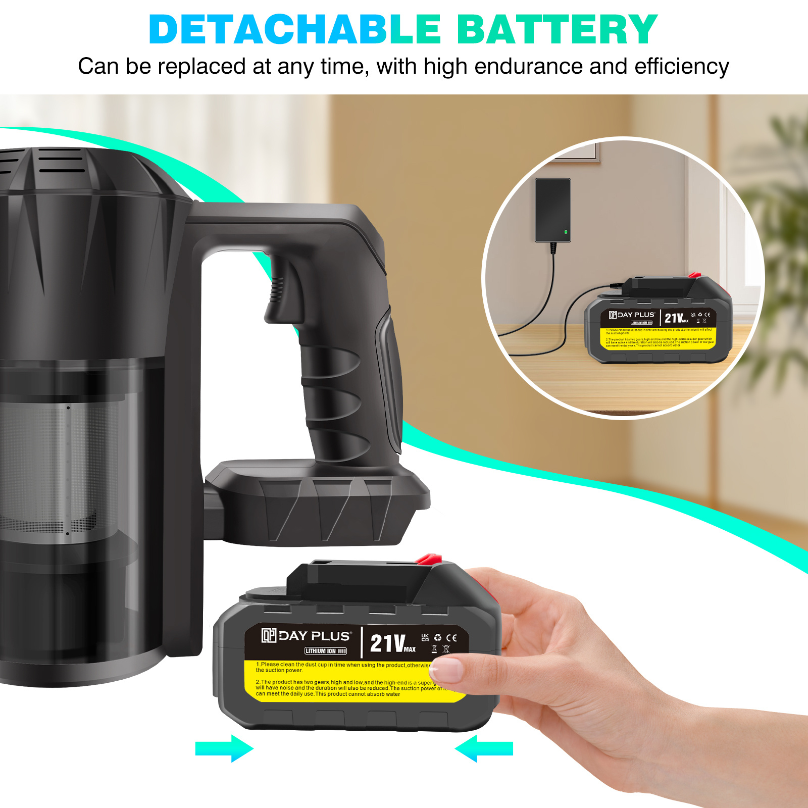 Cordless Vacuum Cleaner, 15KPA Stick Vacuum Cleaners Cordless Powerful 2 Speeds 3 in 1 Lightweight Vacuums with 1pc OR 2pcs 3000mAh Detachable Rechargeable Battery for Pet Hair/Hardwood Floors/Tile