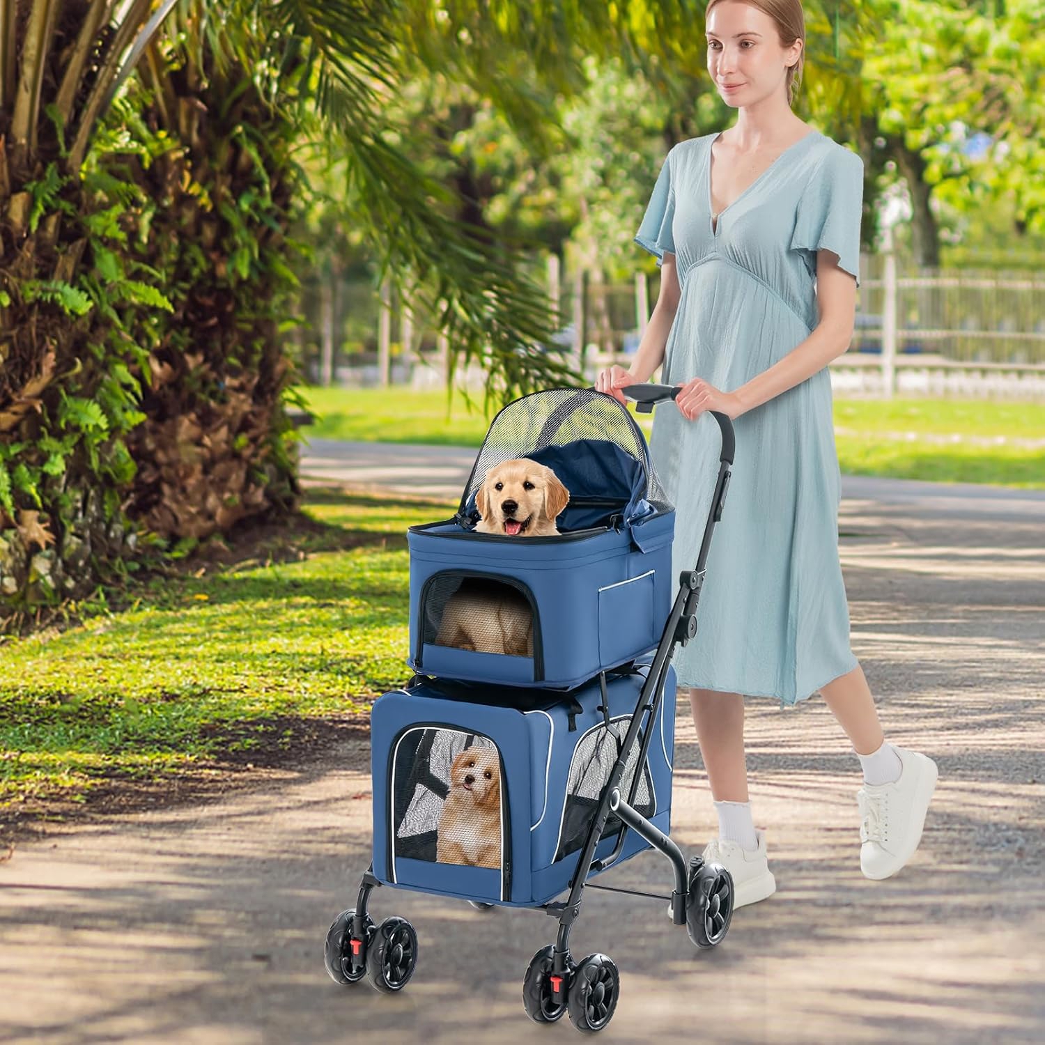Pet Stroller, Stroller With 2 Detachable Carriers, Adjustable Canopy, Storage Pocket, Removable Pad