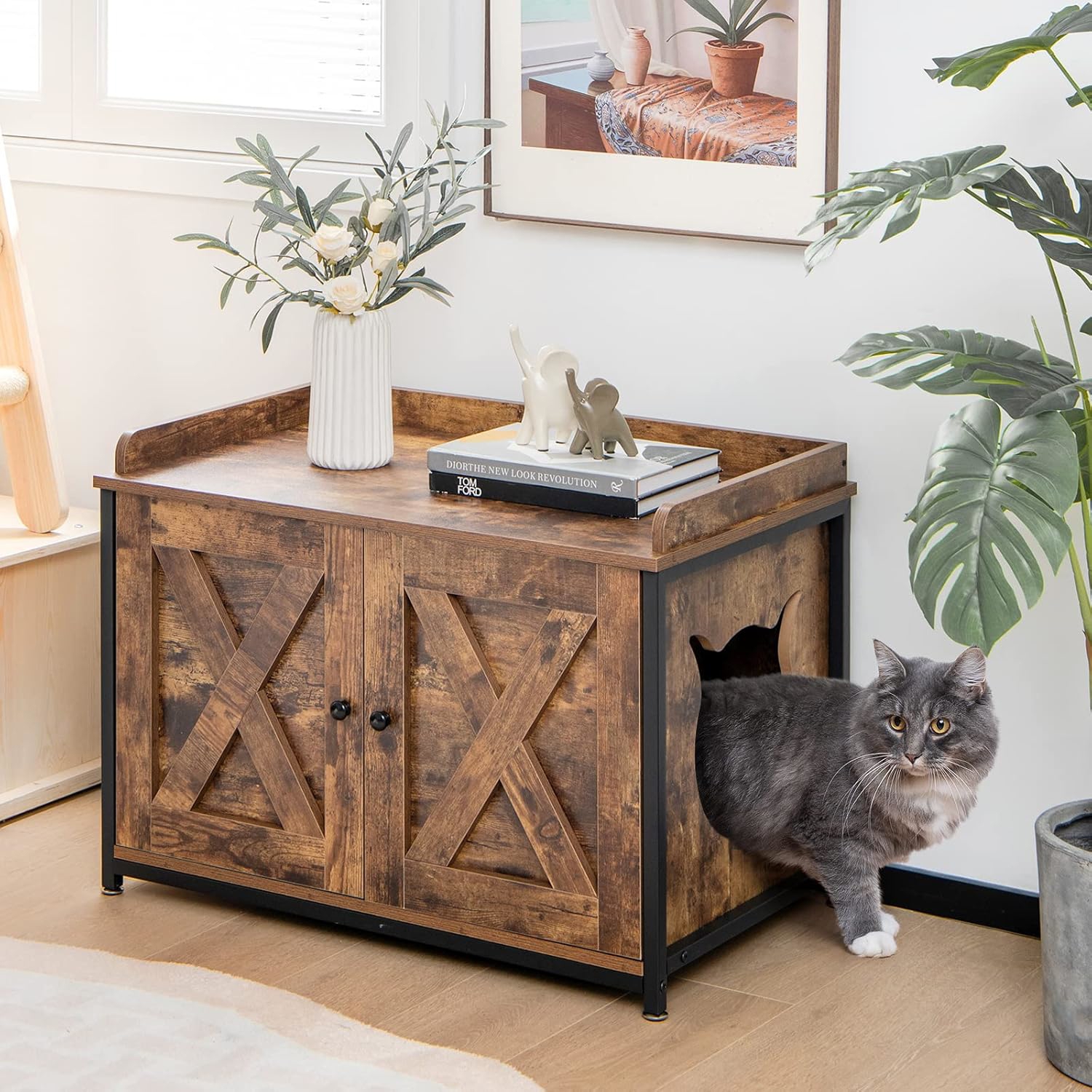 Image of 4 In 1 Cat House For Facilitating Toilet, Rest, Exploration And Storage, Industrial Style Cat Bed Furniture With 2 Doors