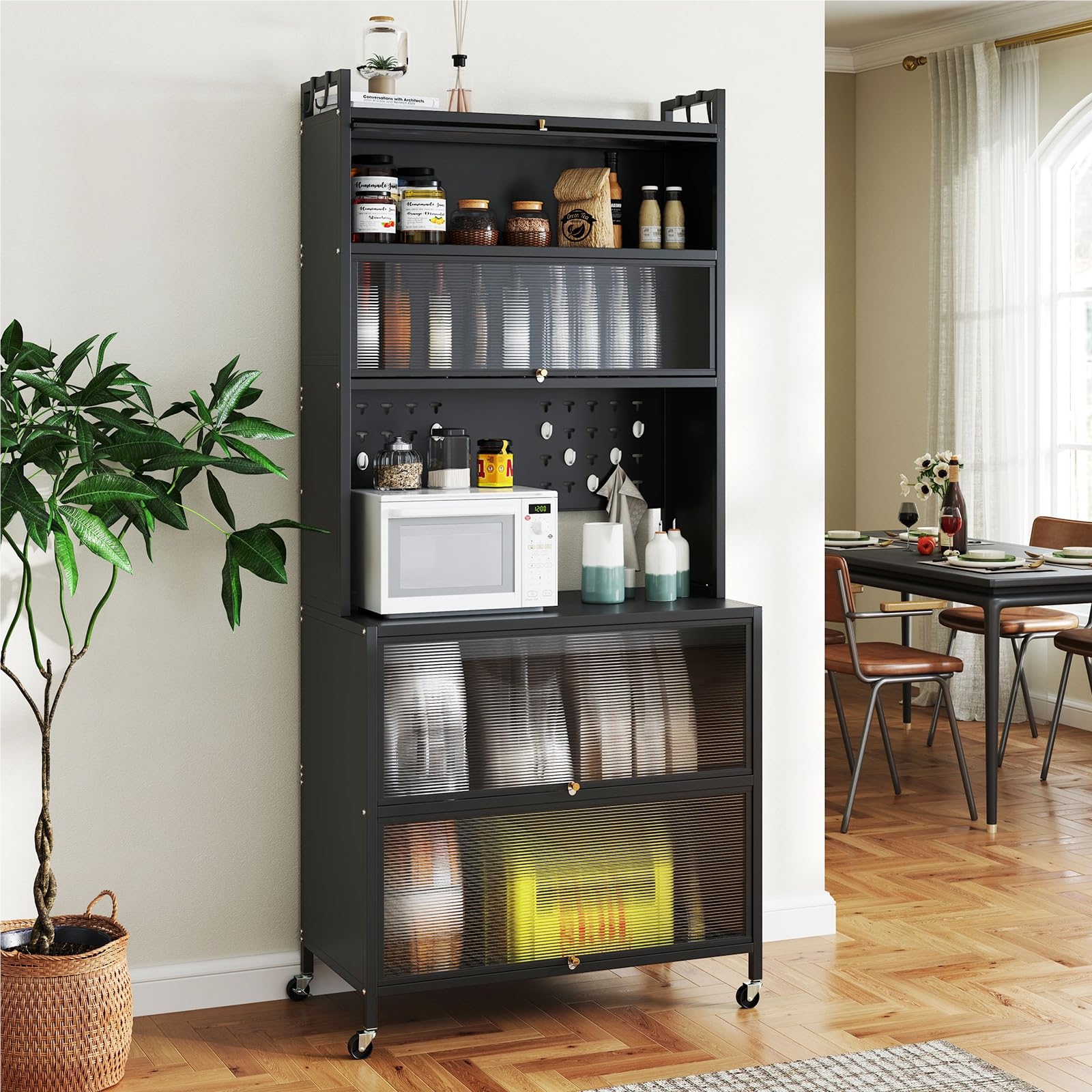 Kitchen Cabinet With Wheels, Buffet Cabinet With Worktop, Pegboard, Hooks, Transparent Doors, For Microwave, Storage Cabinet For Kitchen, Dining Room, Living Room (black)