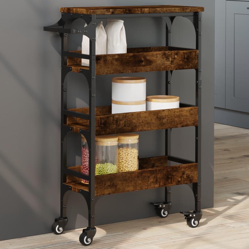 Image of Vidaxl Kitchen Cart, Rolling Cart With 4 Wheels Storage, Side Table For Kitchen Bathroom Office, Serving Cart Kitchen Shelf, Smoked Oak Wood Material