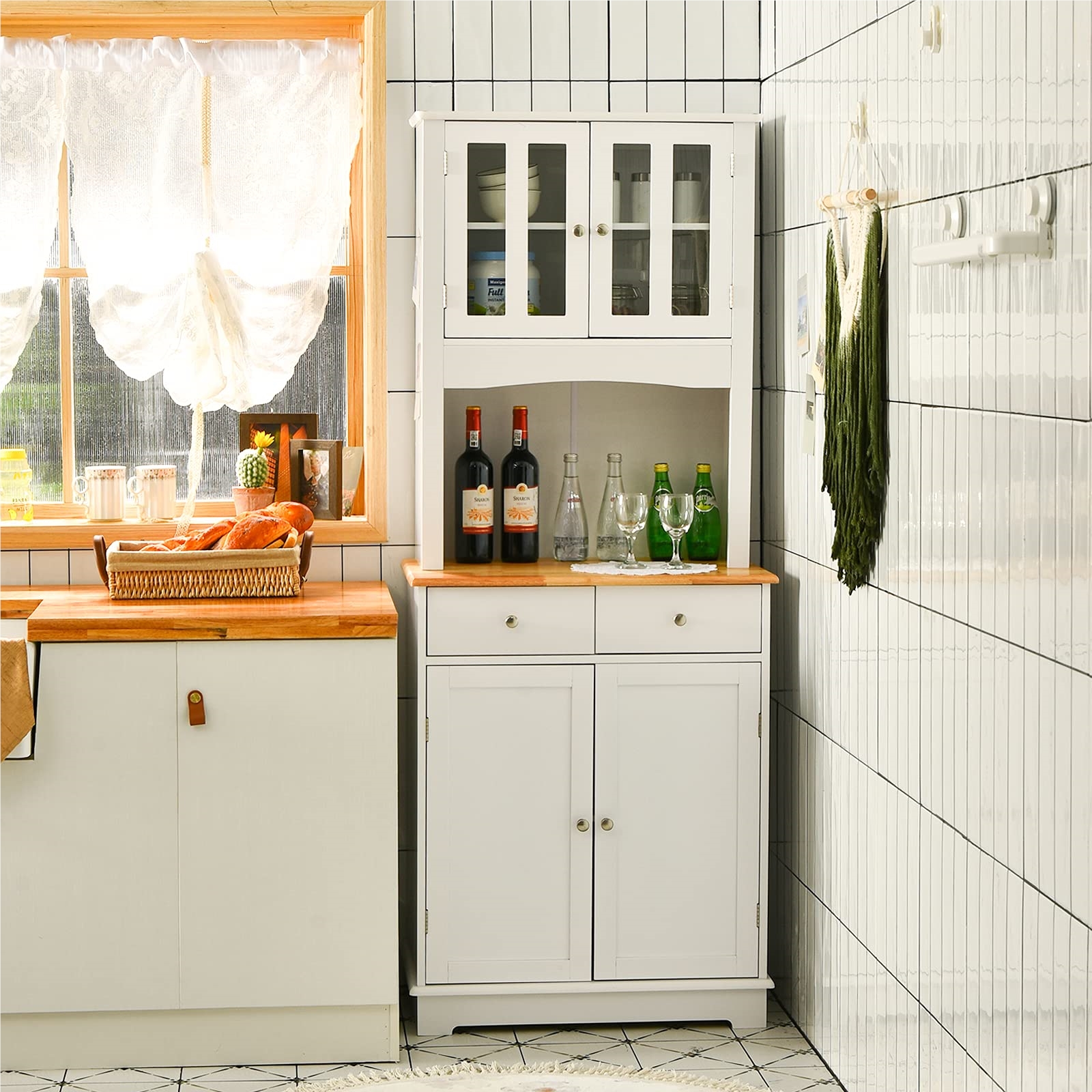 Kitchen Cabinet Tall, 170 Cm Wooden Buffet, High Cabinet With 2 Drawers & Adjustable Shelves & Glass Doors & Cable Hole, Freestanding Kitchen Buffet, Buffet For Kitchen Dining Room, White