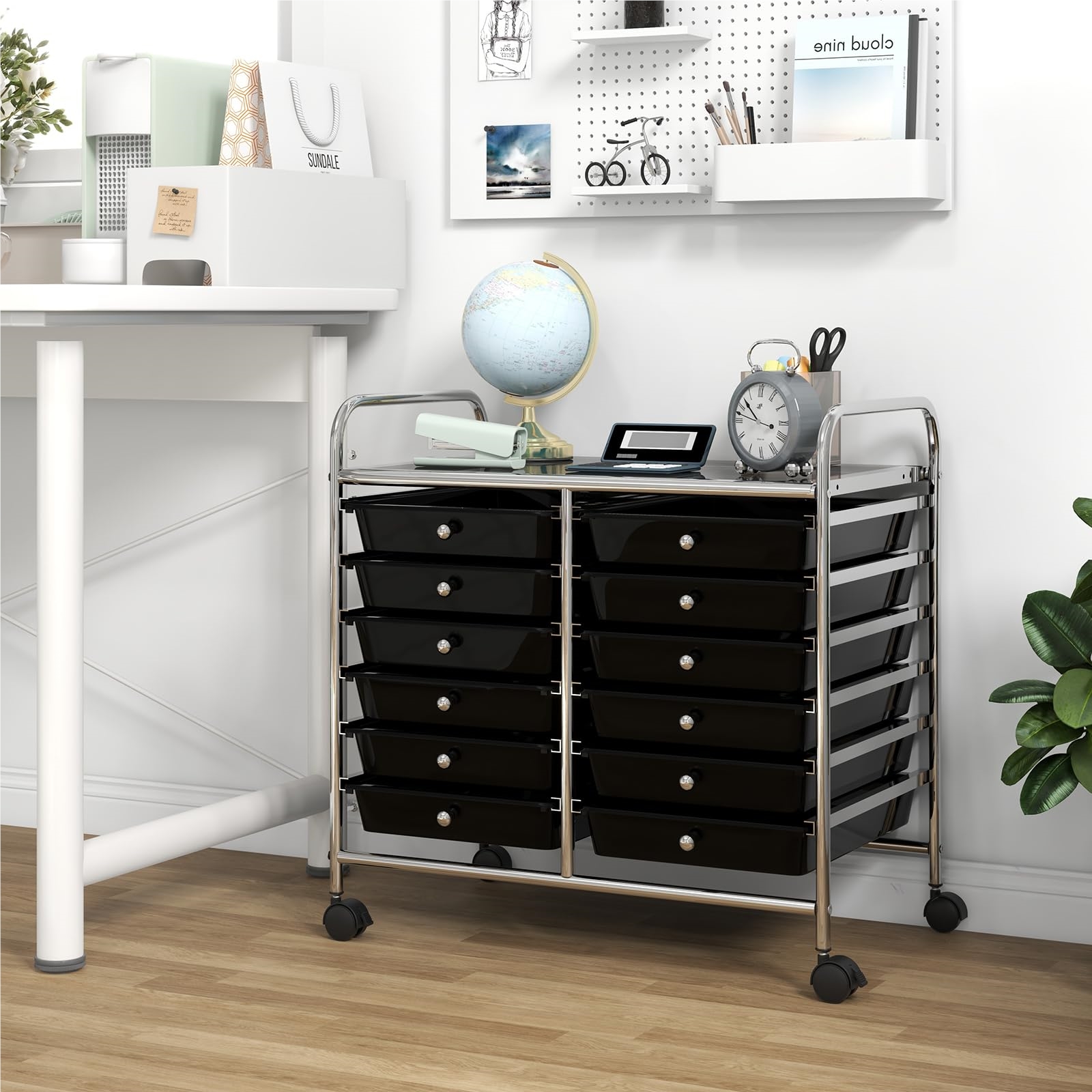 Image of Cart With 12 Stackable Drawers, Drawer Cart With Metal Frame & Shelf, Bathroom Storage Cart For Office, Living Room, 64 X 38 X 62 Cm (black)