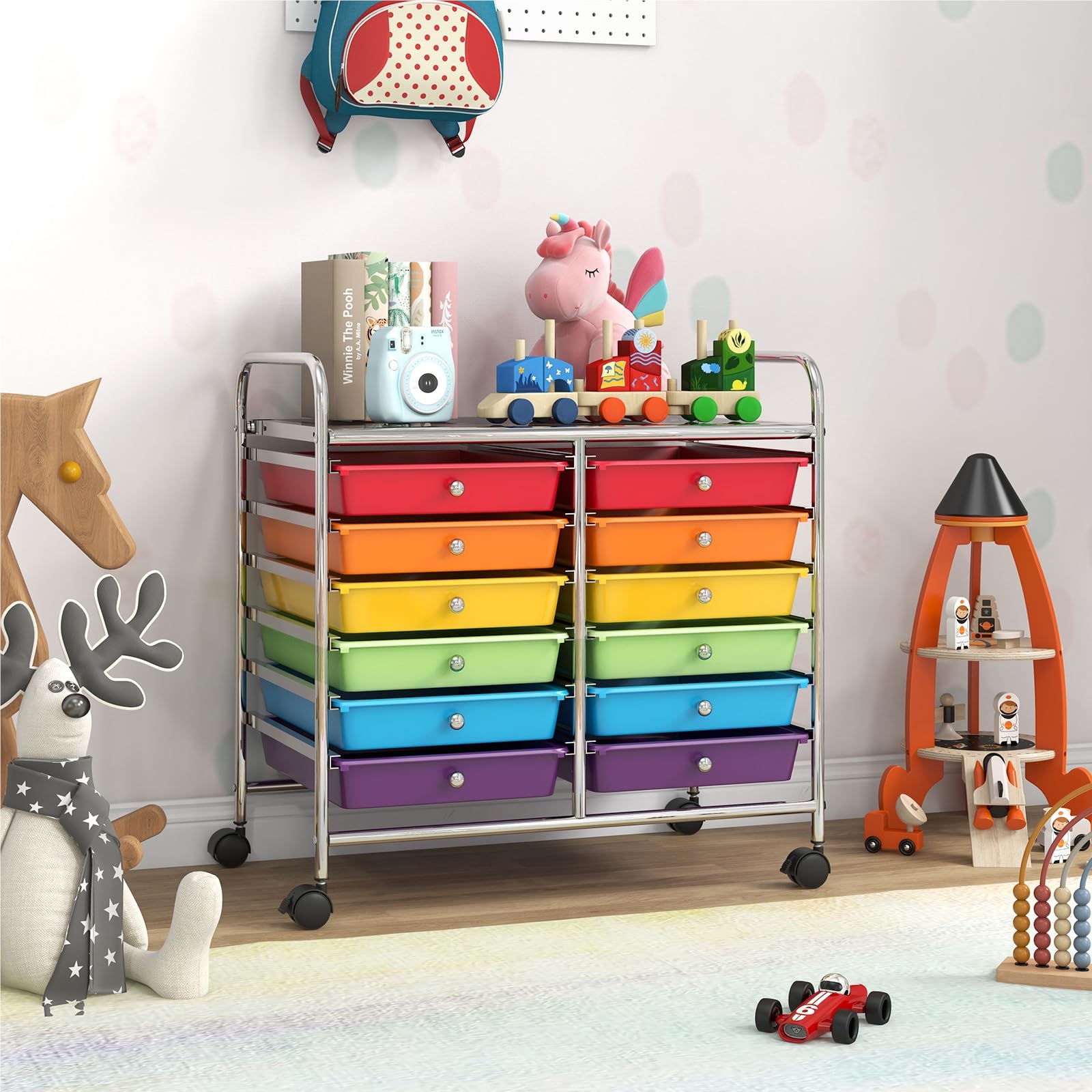 Image of Rolling Cart With 12 Stackable Drawers, Drawer Cart Rolling Container With Metal Frame & Shelf, Bathroom Storage Cart For Office, Living Room, 64 X 38 X 62 Cm (multicolor)