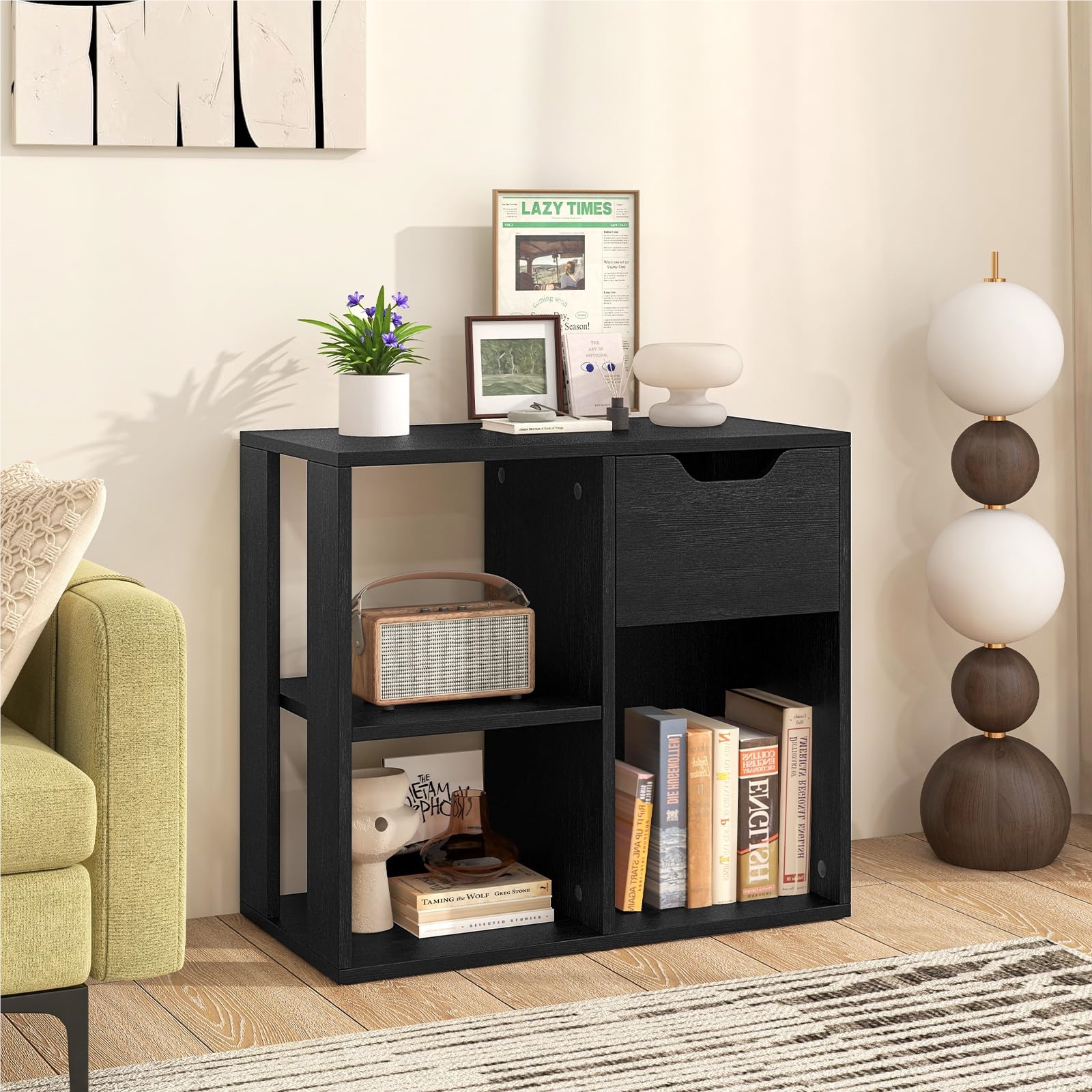 Image of Wooden Bookshelf, Cube Shelf With Drawer And 3 Compartments, Office Shelf Room Divider, Standing Shelf For Living Room, Bedroom, Office, Children's Room 60 X 30 X 53 Cm (black)