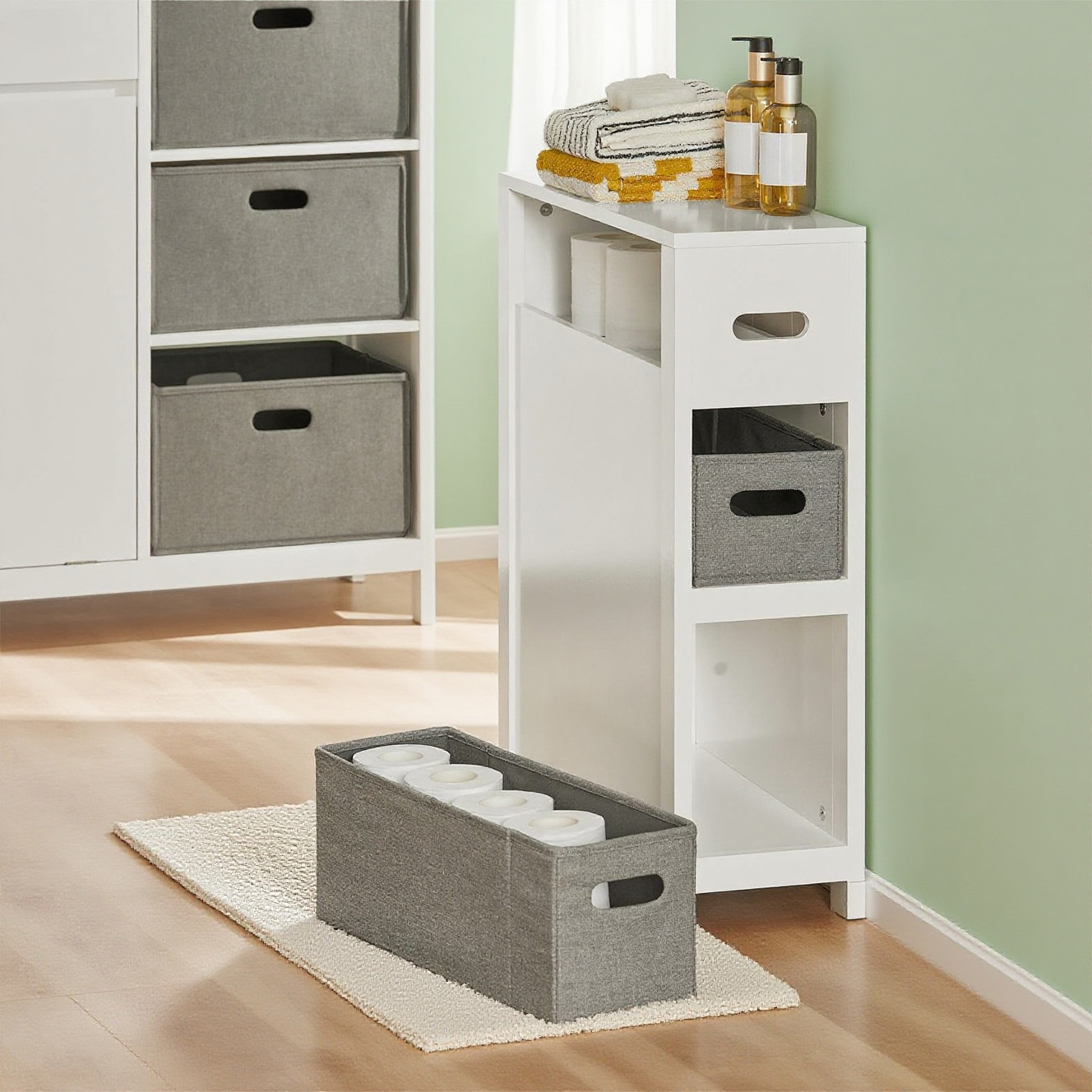 Image of Bathroom Storage Space - 1 Piece Slim Bathroom Shelf, Toilet Paper Holder, Toilet Cabinet With 2 Removable Baskets, Multifunctional For Bathroom, Kitchen, Living Room, 20x70x60 Cm, White - Cas94-x