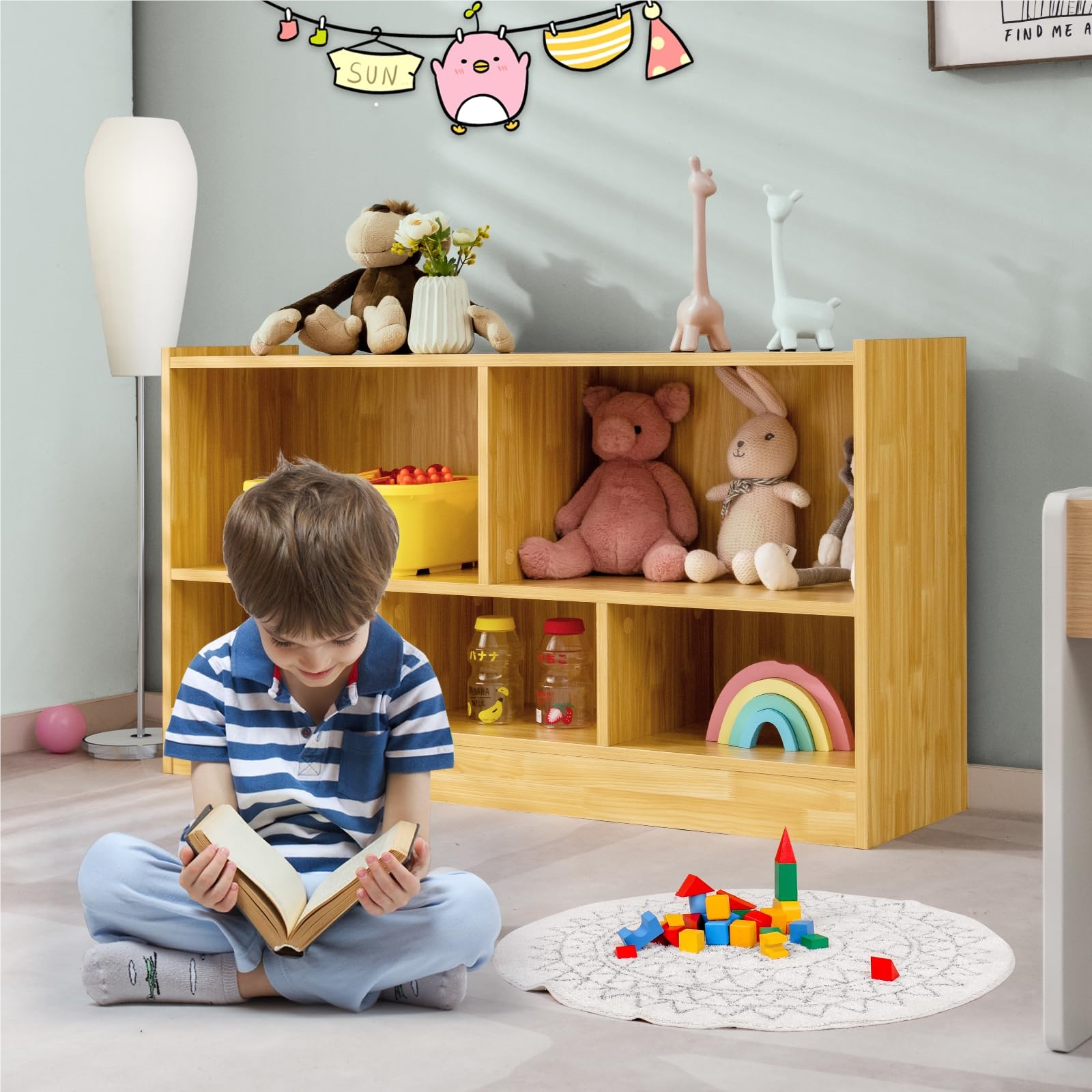 Image of Wooden Children's Toy Cabinet, Toy Shelf With 2 Large Compartments And 3 Small Compartments, Open, Children's Shelf For Toys, Dolls And Books, 111 X 30 X 61.5 Cm, Natural.