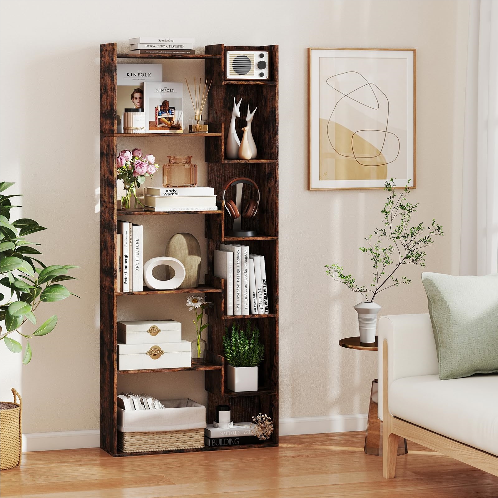 Image of 6-tiered Bookshelf, Wooden Shelf With 2 Tilt Protections, Open Display Shelf, Standing Storage Shelf For Office, Living Room 69 X 22 X 163 Cm (industrial Coffee)
