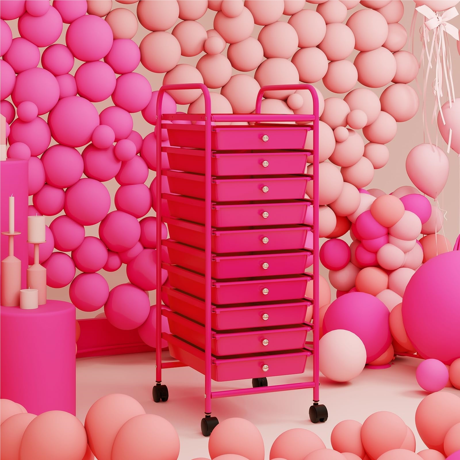 Rolling Cart With Drawers, Rolling Container, Bathroom Rolling Cart, Bathroom Trolley, Bathroom Shelf, Side Cart With 10 Stackable Drawers, Metal Frame (hot Pink)