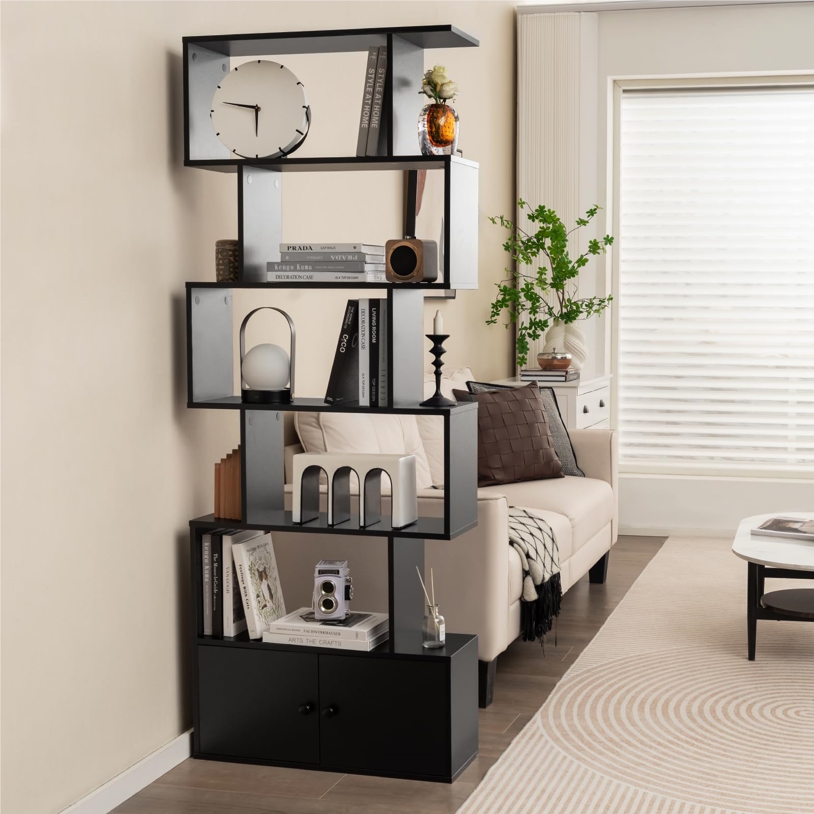 Image of Bookcase With Doors, 5-tier Freestanding Shelf, Room Divider Shelf, Wooden Office Shelf, Storage Shelf For Living Room, Bedroom, 183 X 70 Cm (black)