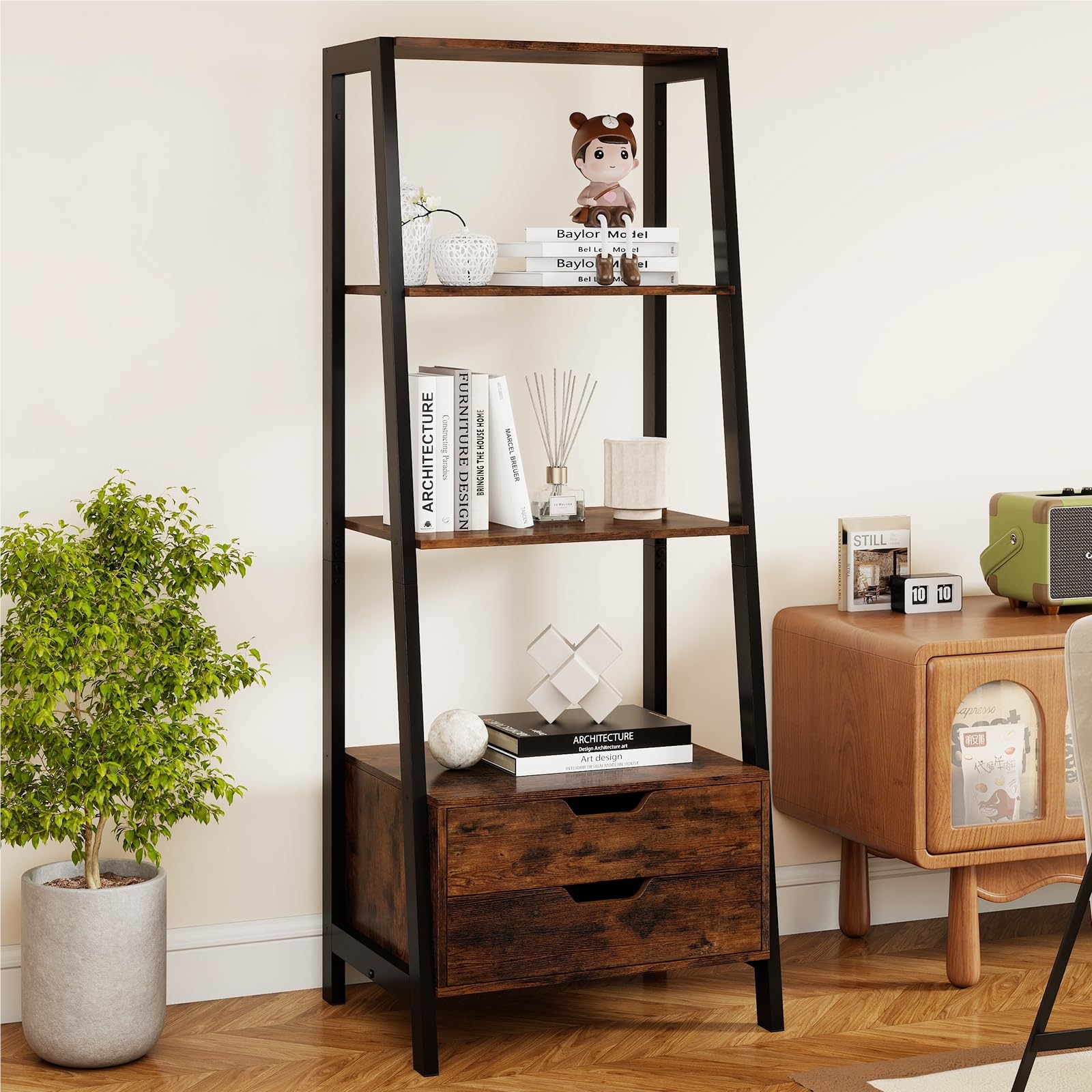 Image of Freestanding Shelf, 134cm Bookshelf With 4 Open Shelves And 2 Drawers, Versatile Floor-standing Shelf For Bedroom, Living Room, Home Office (brown And Black)