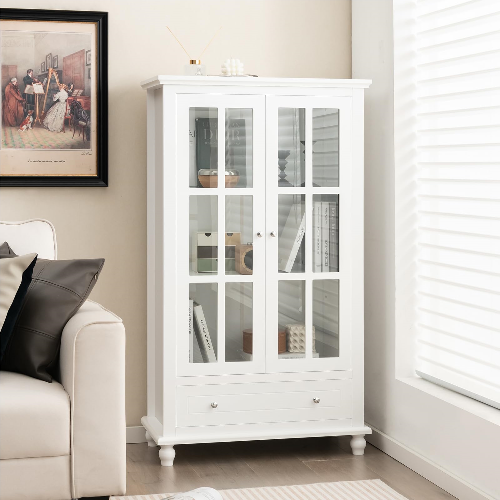 Image of Bookcase, Display Cabinet With Tempered Glass Doors, Adjustable Shelf & Drawer, Office Cabinet, Filing Cabinet For Home Office And Living Room, 80 X 40 X 139 Cm, White