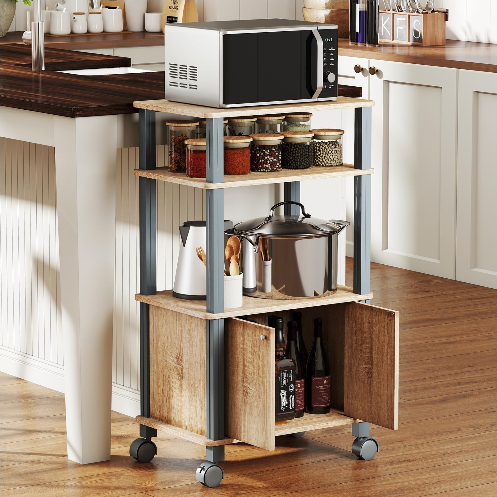 Image of Kitchen Shelf With Wheels, Kitchen Cart With Shelves & Cabinet, Standing Shelf For Kitchen Dining Room, Serving Cart For Microwave, Microwave Shelf Side Cart Rolling Cart, 60 X 40 X 98cm (natural)