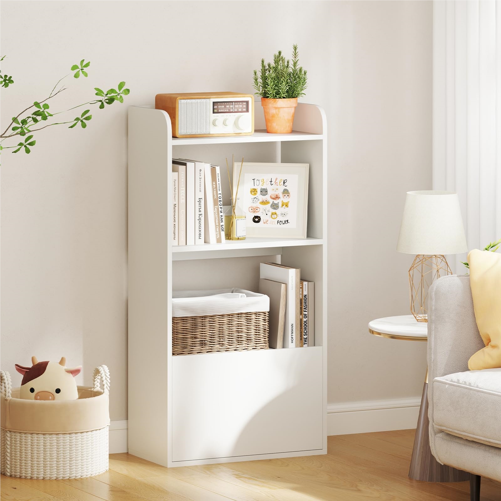 Bookshelf With Drawer, Floor-standing Shelf With 2 Compartments, Wooden Office Shelf, Cube Storage Shelf For Living Room, Bedroom, 55 X 29 X 105 Cm (white)