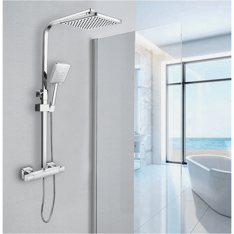 2 in 1 Thermostatic Shower Mixer Chrome Square Easy Fixing Kit