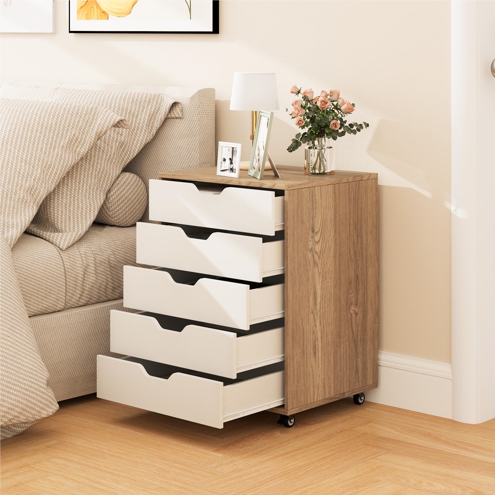 Image of Rolling Storage Cart With 5 Drawers, Mobile File Cabinet On Wheels, Office Organizer Drawer Cabinet Rolling Cart, Drawer Dresser For Home Or Office (natural)