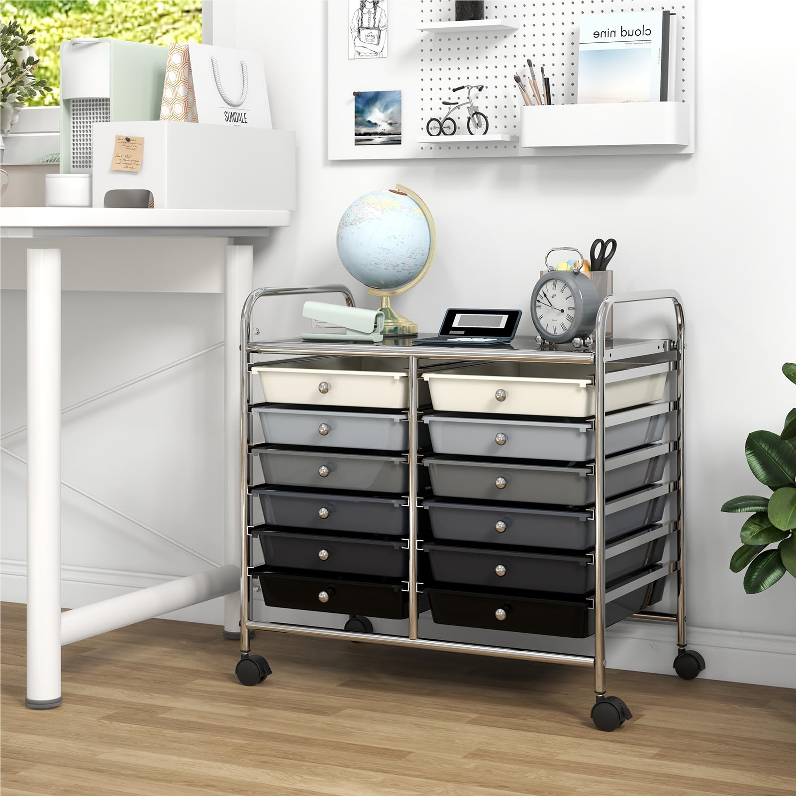 Image of Cart With 12 Stackable Drawers, Drawer Cart With Metal Frame & Shelf, Bathroom Storage Cart For Office, Living Room, 64 X 38 X 62 Cm (mixed Black)