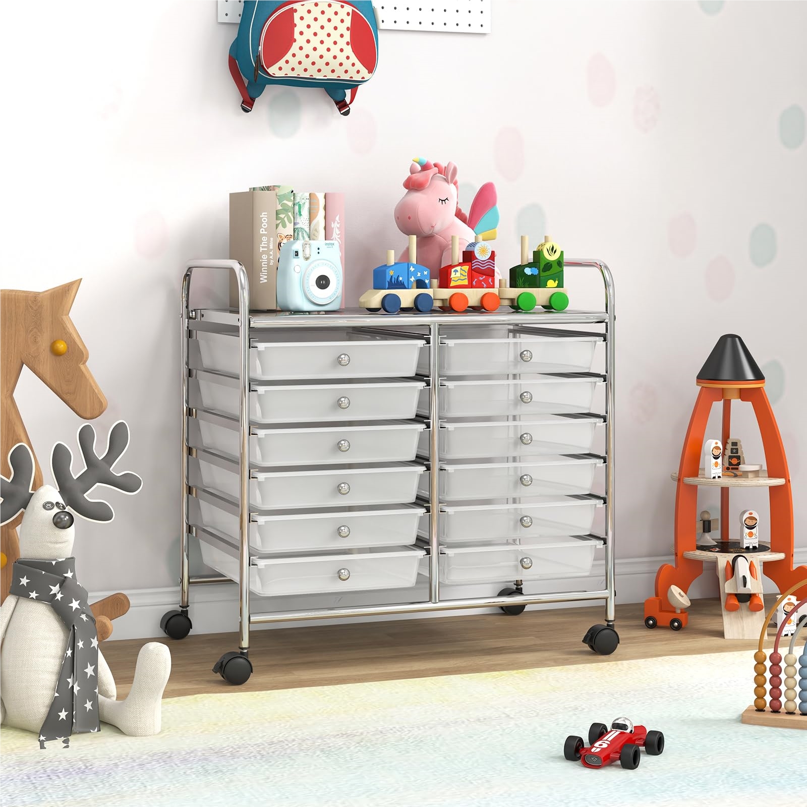 Image of Rolling Cart With 12 Stackable Drawers, Drawer Cart Rolling Container With Metal Frame & Shelf, Bathroom Storage Cart For Office, Living Room, 64 X 38 X 62 Cm (transparent)