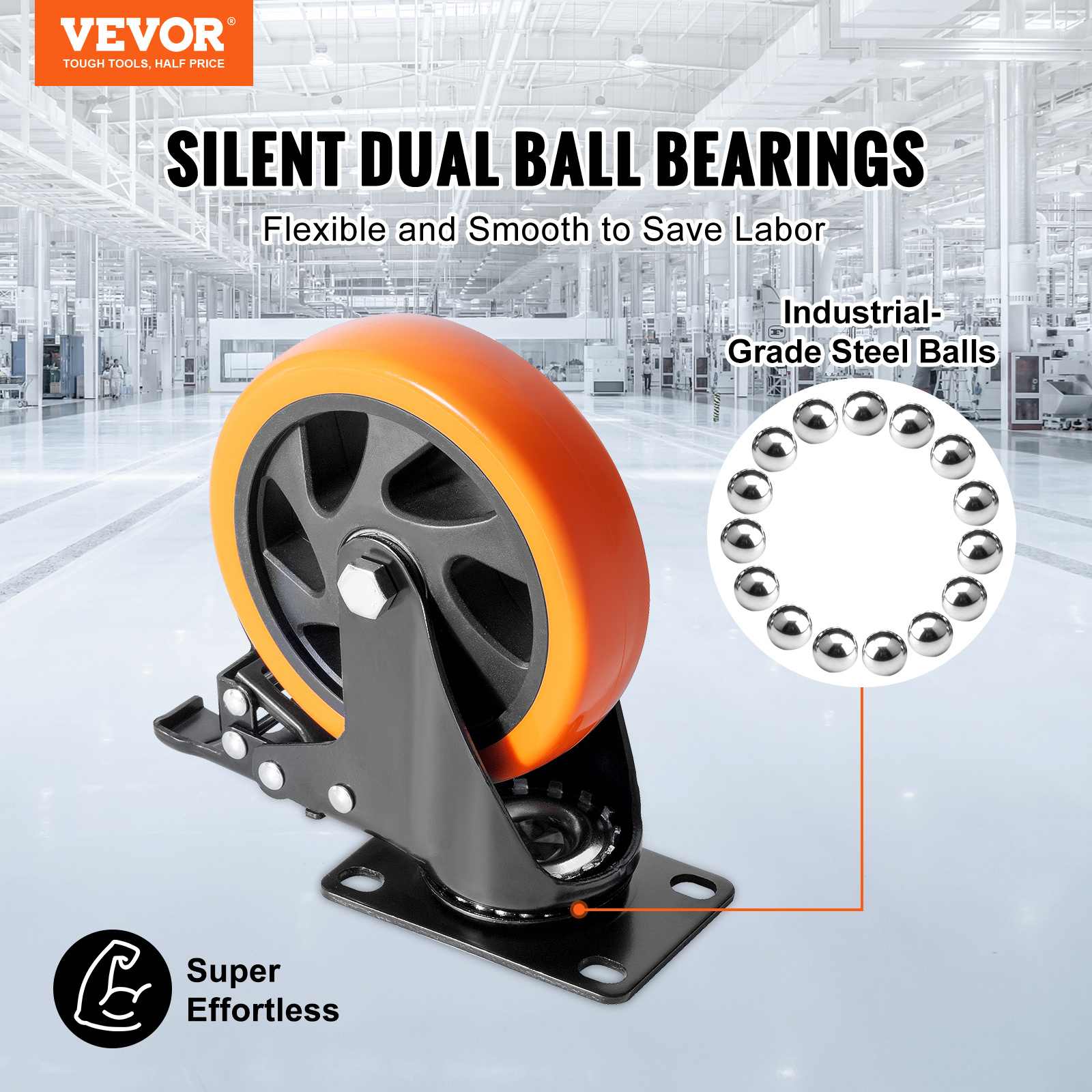 Image of Caster Wheels, 12.7 Cm Swivel Plate Casters, Set Of 4, With Security A/b Locking No Noise Pvc Wheels, Heavy Duty 204.1 Kg Load Capacity Per Caster, Non-marking Wheels For Cart Furniture Workbench