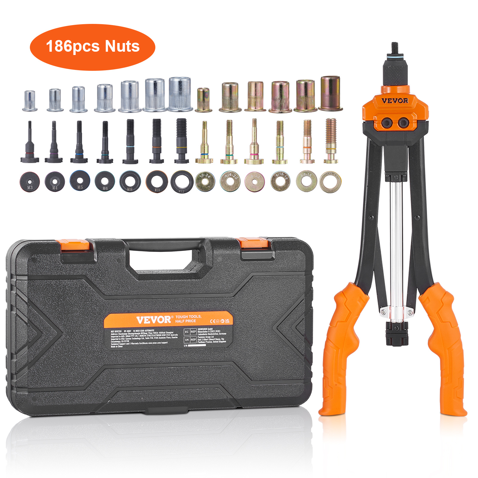 Vevor Rivet Nut Tool, 40.6cm Rivnut Tool Kit With 13pcs Metric And Sae Mandrels, 186pcs Rivet Nuts, M3, M4, 10-24, M5, M6, 1/4, 8-32, 5/16-18, M8, 3/8-16, M10, M12, 1/2-13, Retraction