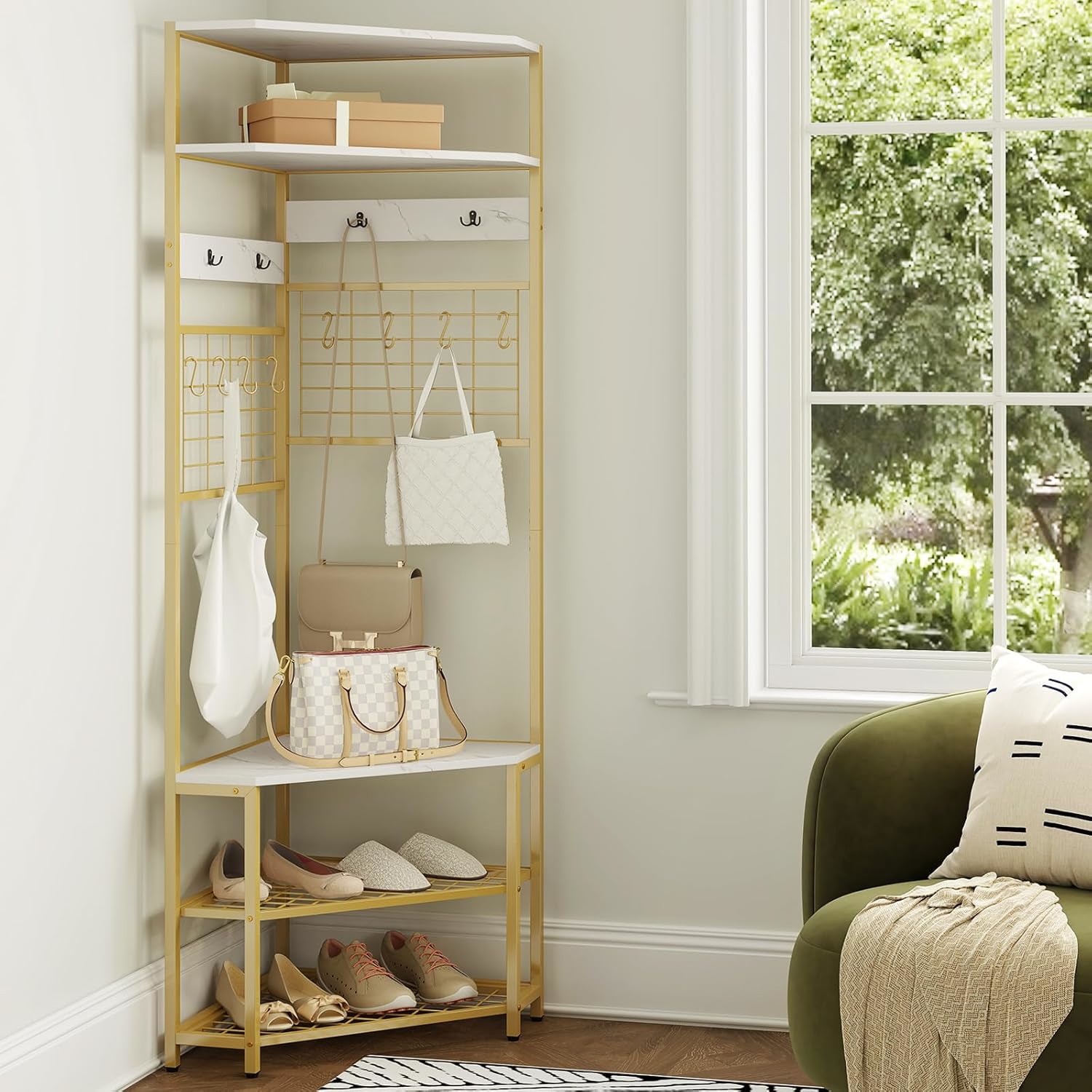 Image of Corner Hall Tree, 5-tier Coat Rack W/ Shoe Storage Bench, 12 Metal Hooks, 73" Tall Entryway Shoes Shelf Organizer, Freestanding Clothes Rack For Living Room, Bedroom, Hallway,modern Gold