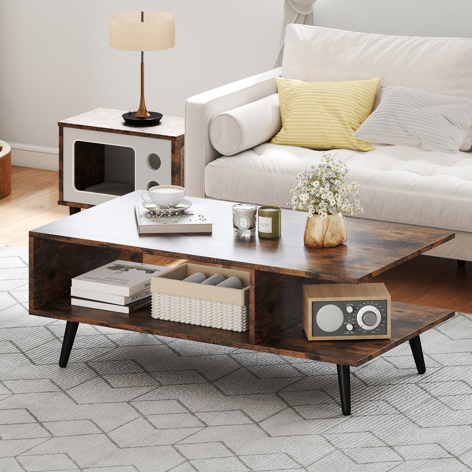 Image of Coffee Table With Storage, Mid-century Modern Accent Table With Open Shelf, 2-tier Rectangle Center Table With Tapered Metal Legs For Living Room, Rustic Brown