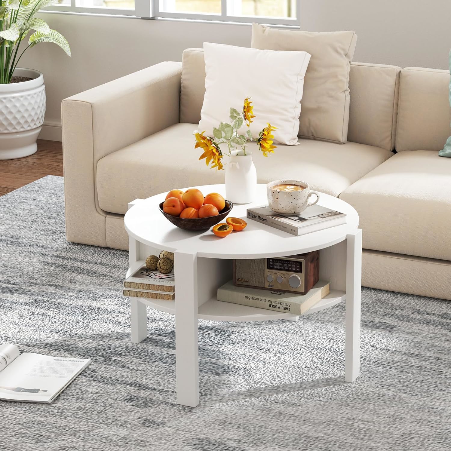 2-tier Round Coffee Table W/ Storage, 74.5cm Tea Cocktail Table W/ 4 Shelves, Home Accent Table W/ Wooden Top, Round Side Table For Living Room, Reception Room