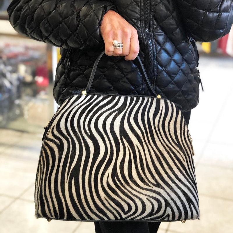 Handbag in Real Leather And Spotted Horsehide Made in Italy with Adjustable Shoulder Strap