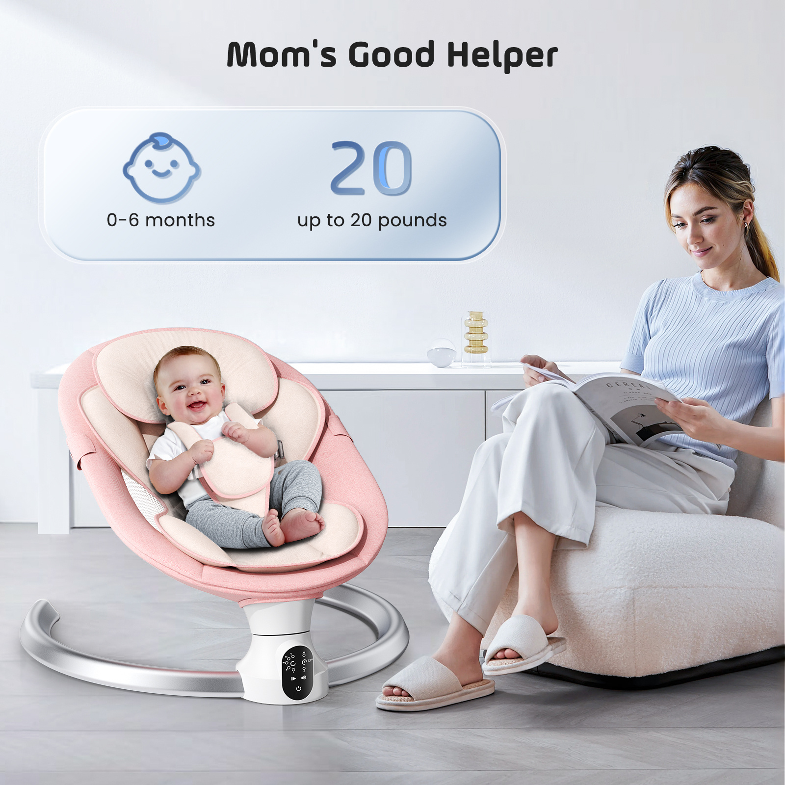 Smart Electric Rocker with APP & Remote Control - 5 Adjustable Swing Speeds, 3 Timer Modes & 10 Soothing Lullabies, Bluetooth Connected Padded Seat (Pink)