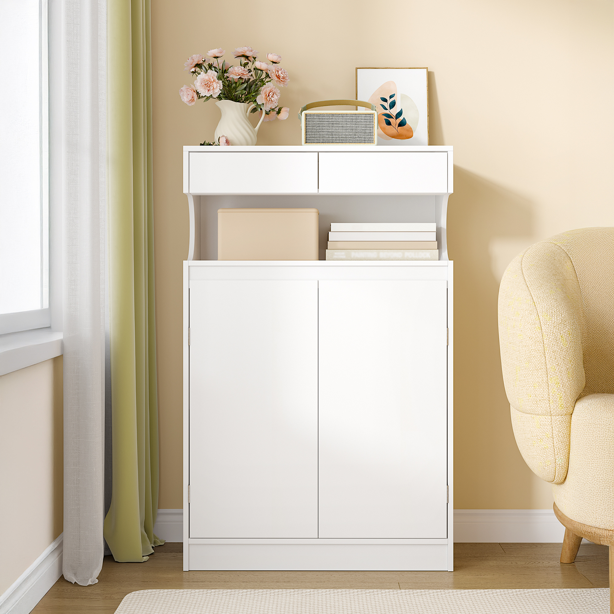 Image of Bathroom Cabinet, Bathroom Storage Cabinet With 2 Drawers And 2 Doors, Kitchen Cabinet, Dresser, Adjustable Shelf, For Bathroom, Utility Room, 30 × 60 × 90 Cm, White