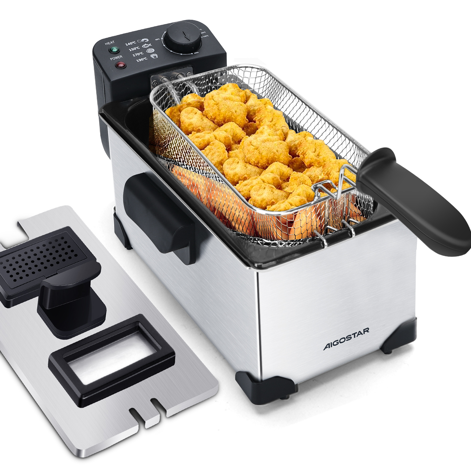 TEMU Aigostar Deep Fryer 2200watts, 3-liter Capacity With Window, Temperature Control 130-190℃, Removable Oil Bowl, Suitable For And Chicken Thighs