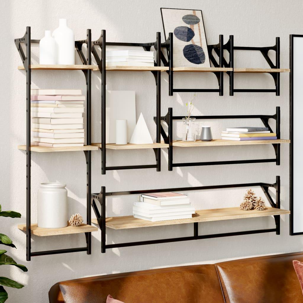 Image of Vidaxl Wall Shelf Set 6pcs, Hanging Shelf With Of Storage Space, Floating Shelf With Rods, Wall-mounted Bookshelf For Living Room Bathroom, Oak Wood Material