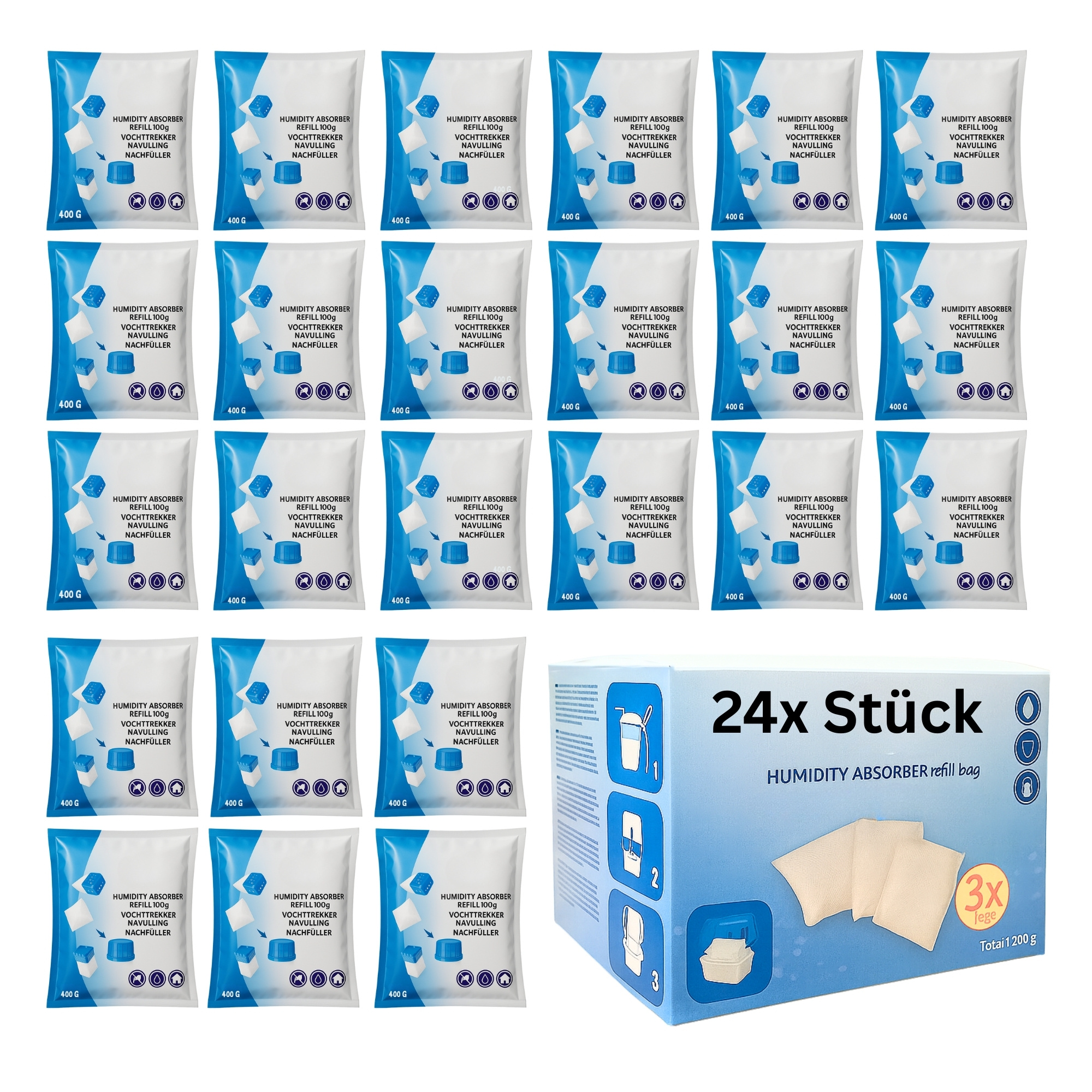 Universal Dehumidifier Refill Pack 24 X 400g Dehumidifier For Room Dehumidifiers And Air Dehumidifiers, Box Refill Packs Against Moisture & Odors For Bathroom, Basement