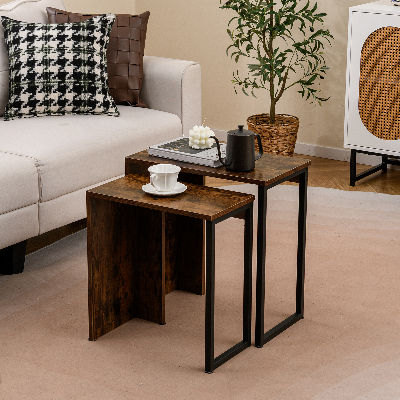 Nesting Coffee Table Set Of 2, 2-in-1 Wood Top Sofa Side Table, 2 Pcs Heavy Duty Metal Frame Nightstands, Small Rectangular Accent Snack Table Set For Living Room, Bedroom, Rustic Brown