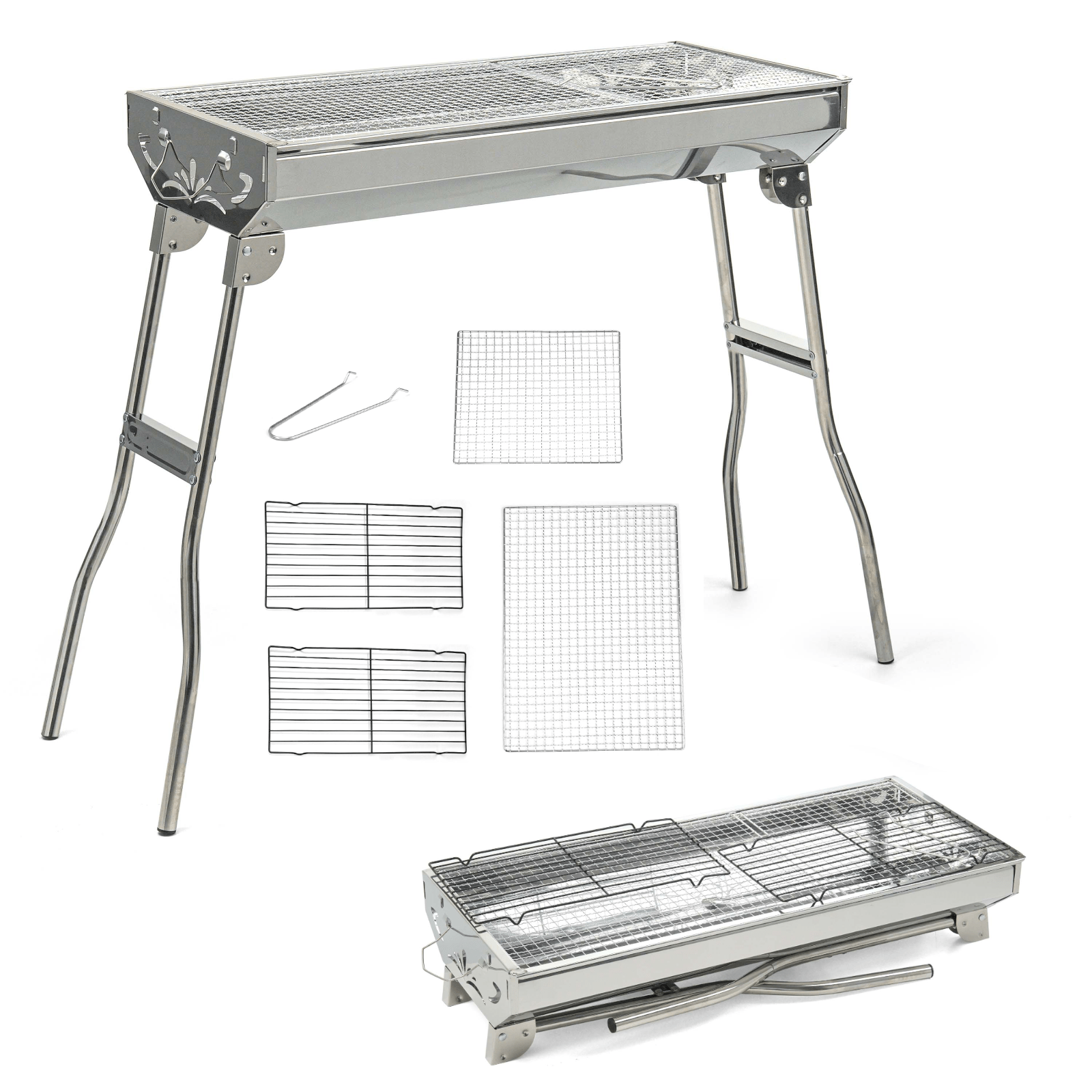 TEMU Large Foldable Stainless Steel Bbq Charcoal Grill | Portable And Lightweight Barbecue | For Outdoor Picnics, Camping, Garden, Parties Grilling