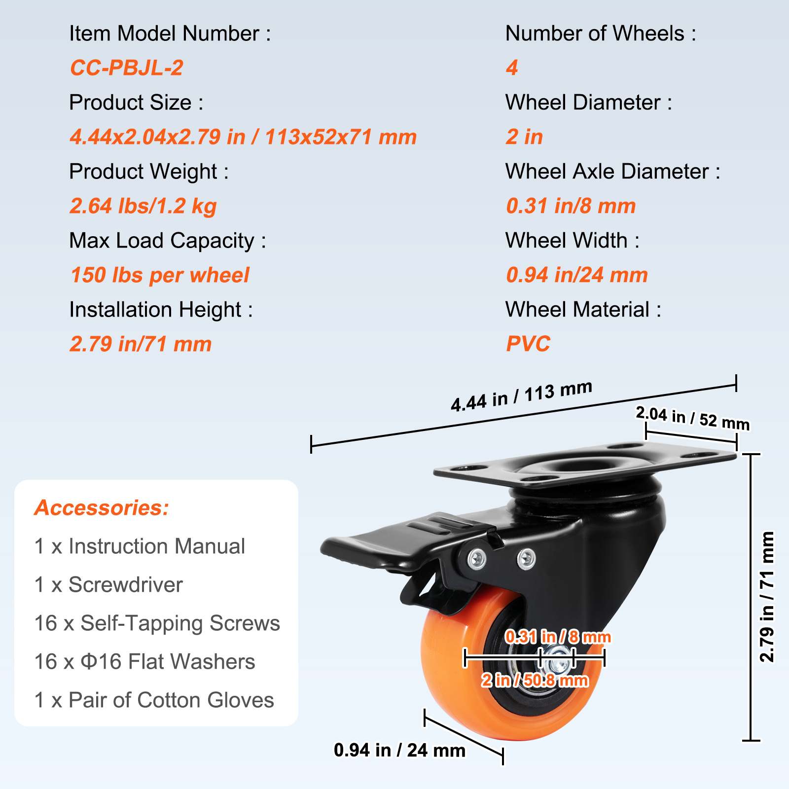 TEMU Vevor Caster Wheels, 5.1 Cm Swivel Plate Casters, Set Of 4, With Security Dual Locking No Noise Pvc Wheels, Heavy Duty 68 Kg Load Capacity Per