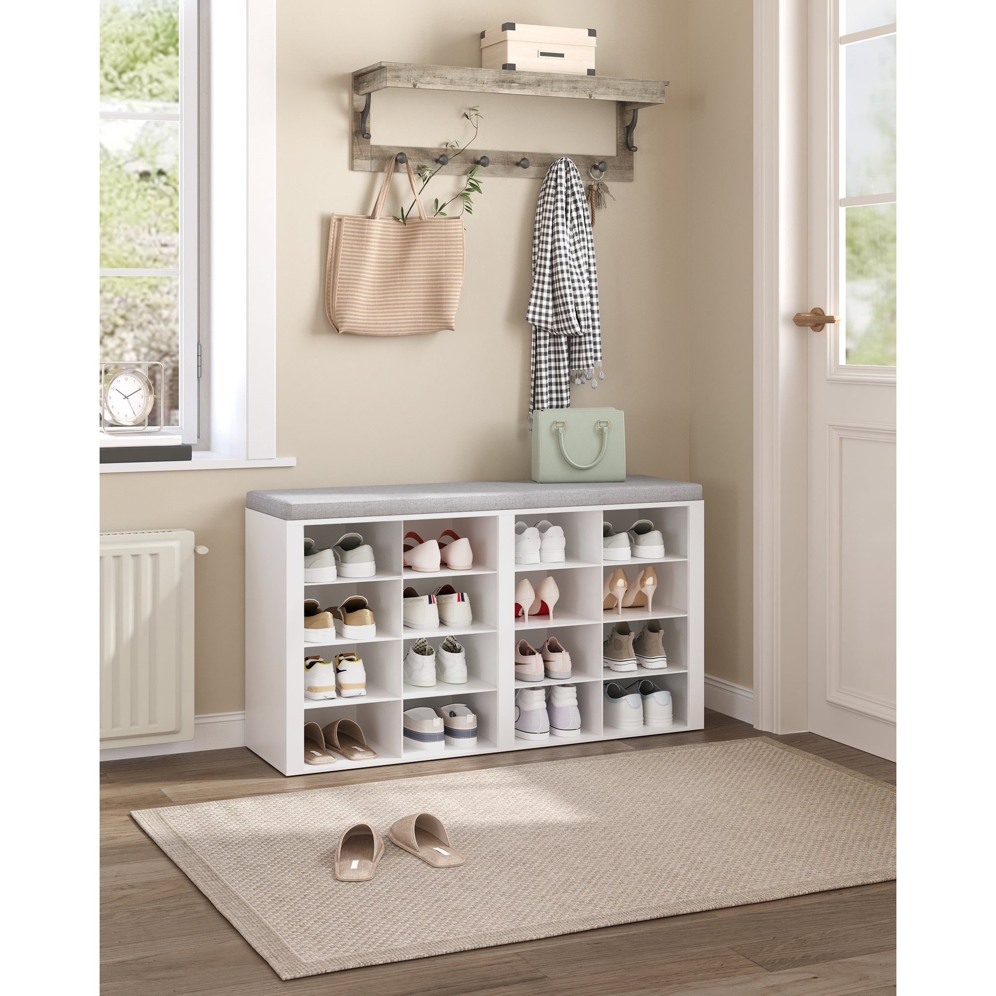 Shoe Bench With Seat, Shoe Cabinet With Bench With 16 Compartments, Entryway Bench With Adjustable Shelves For Living Room, Bedroom, Hallway, White-grey/oak