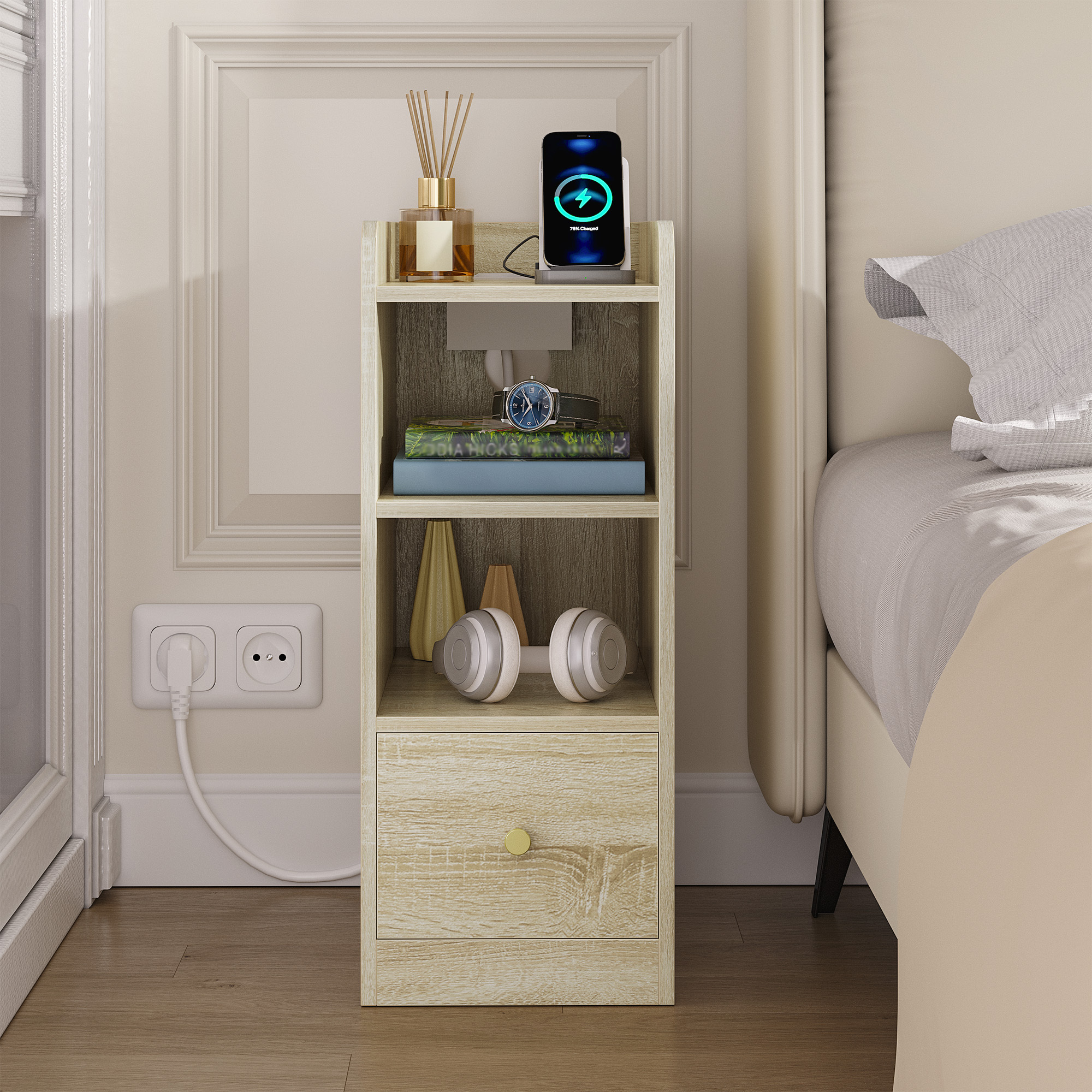 Nightstand, Narrow, Side Table With Charging Function, Usb & Type C Connectors, 3-tier Storage Nightstands, 1 Drawer, For Bedroom, Living Room, Oak